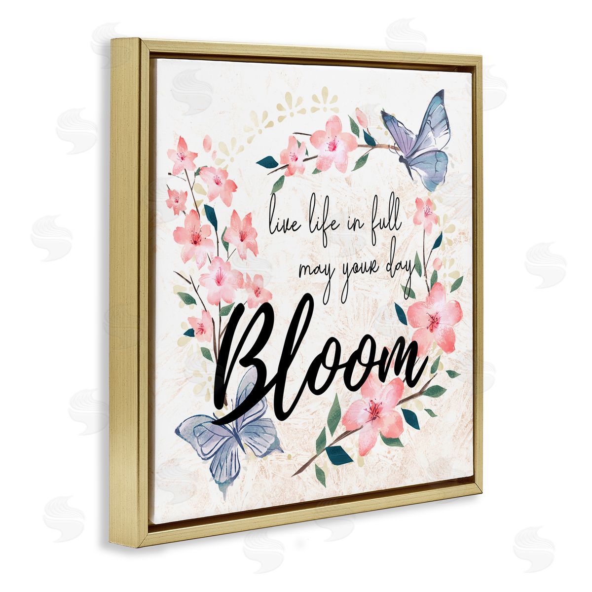 Ziwei Li May Your Day Bloom Quote Blue Butterflies Pink Blossoms Gold Floating Frame Canvas Wall Art Print