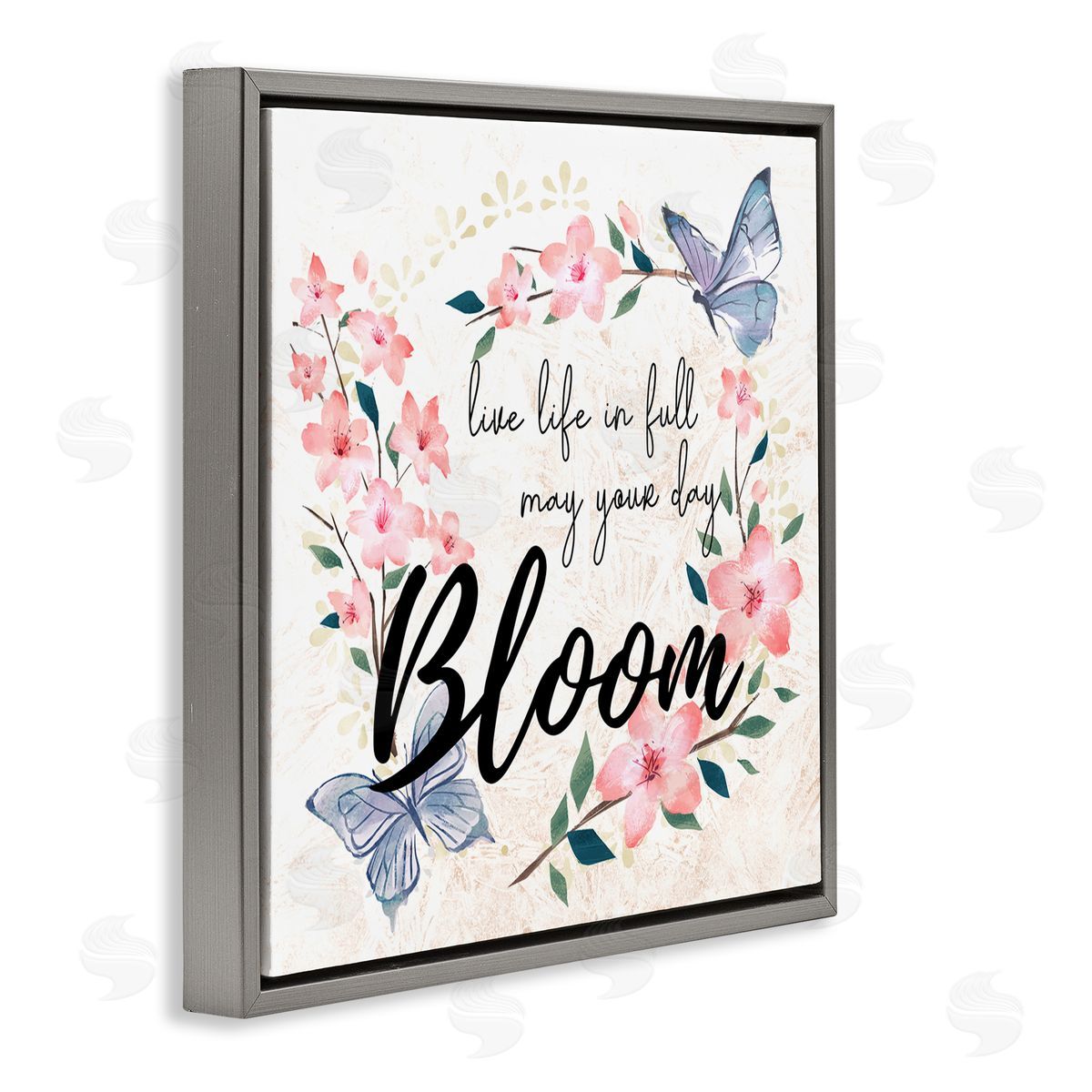 Ziwei Li May Your Day Bloom Quote Blue Butterflies Pink Blossoms Gray Floating Frame Canvas Wall Art Print