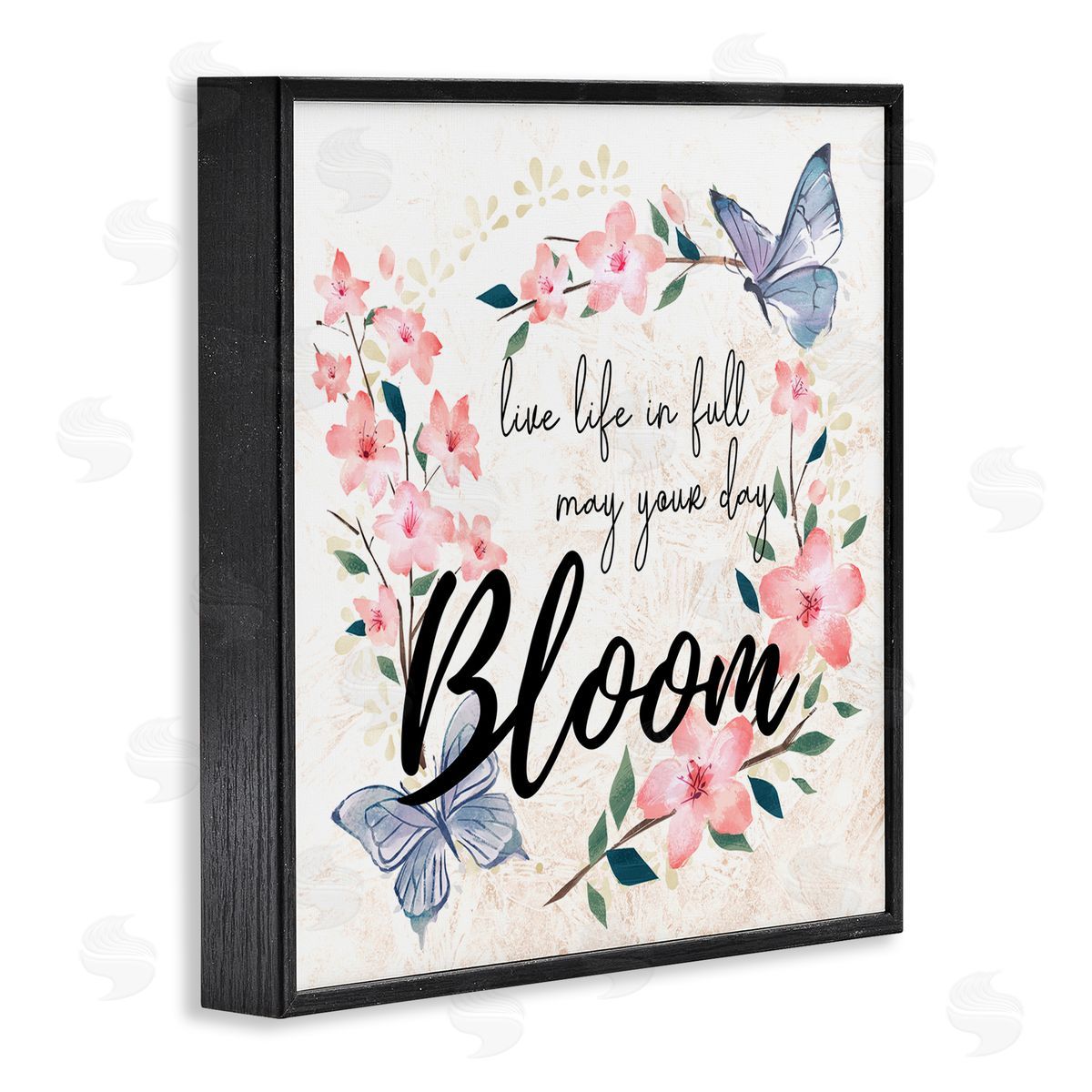 Ziwei Li May Your Day Bloom Quote Blue Butterflies Pink Blossoms Black Framed Glicee Wall Art Print
