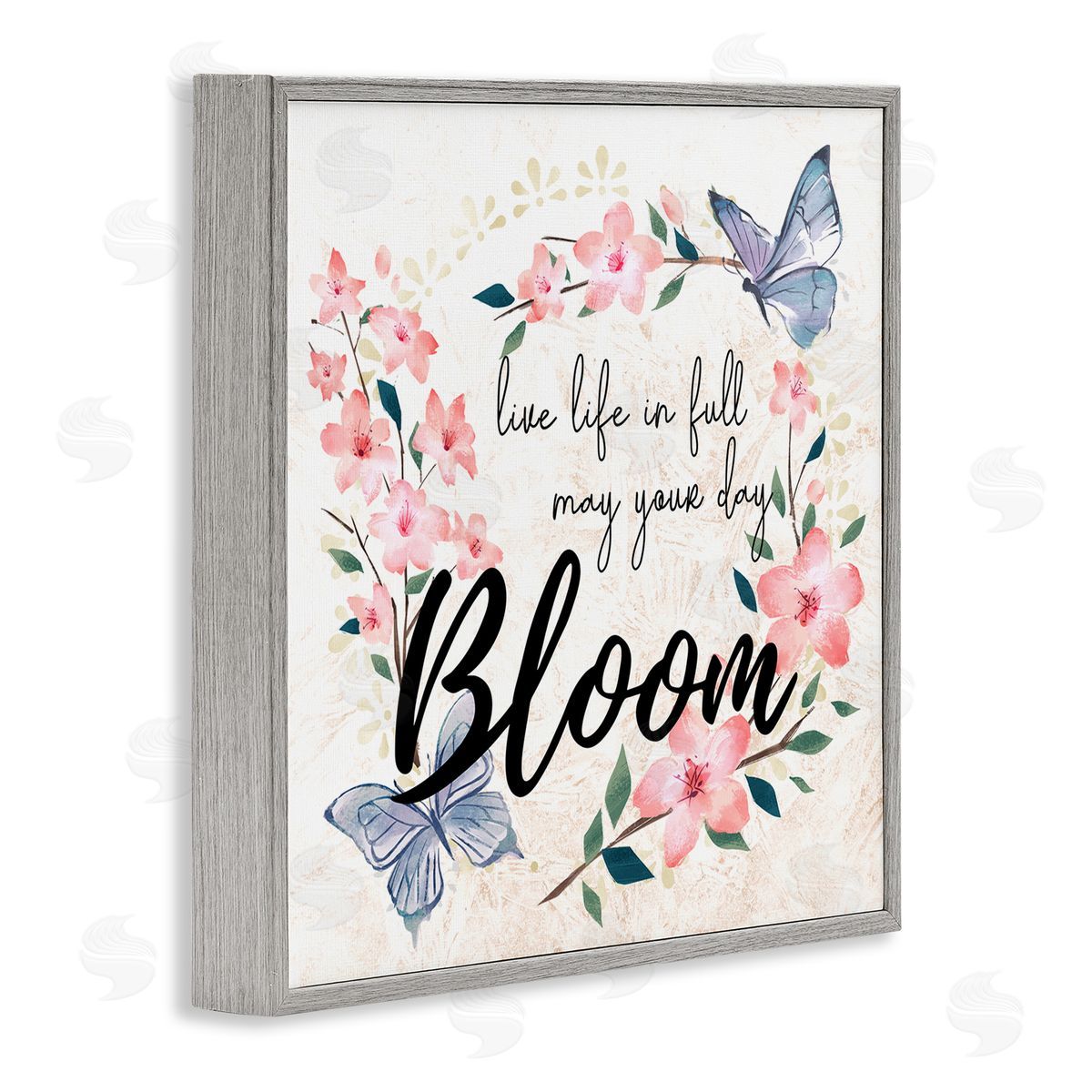 Ziwei Li May Your Day Bloom Quote Blue Butterflies Pink Blossoms Gray Framed Glicee Wall Art Print