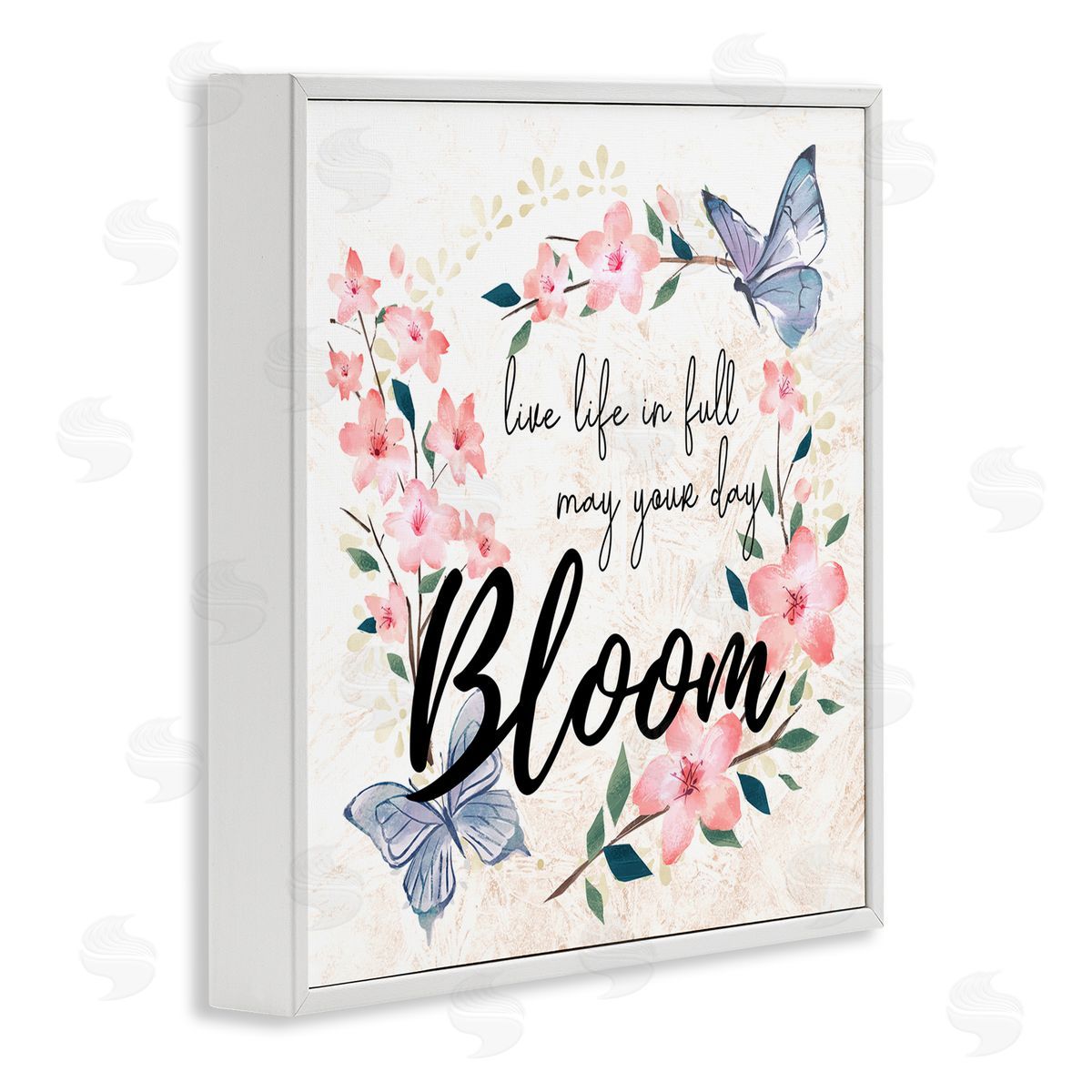 Ziwei Li May Your Day Bloom Quote Blue Butterflies Pink Blossoms White Framed Glicee Wall Art Print
