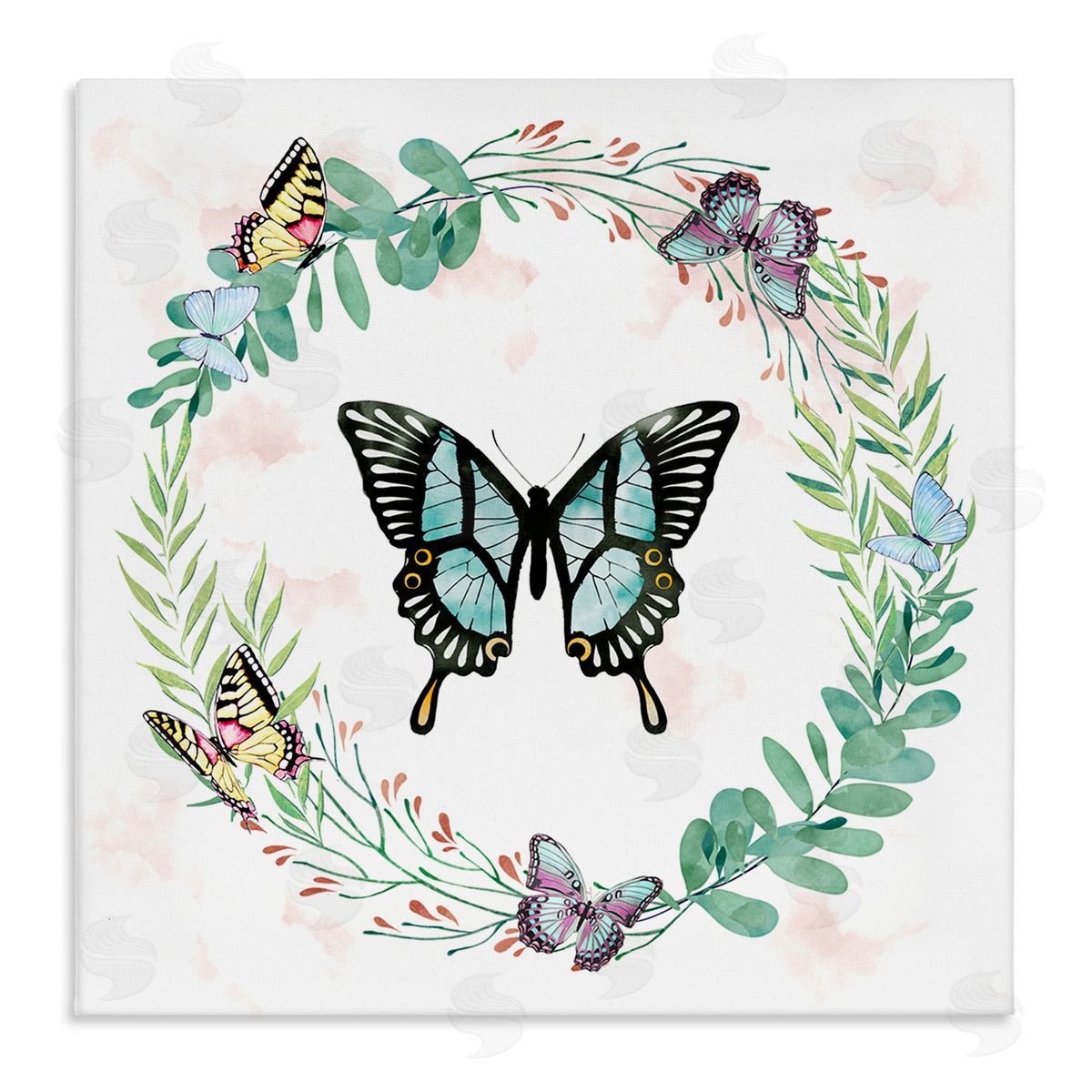 Ziwei Li Butterflies in Spring Botanical Wreathe Soft Green Stretched Canvas Wall Art Print