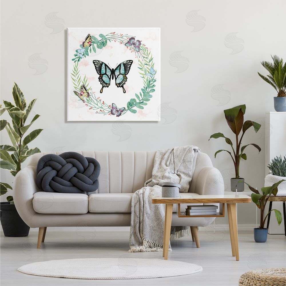 Ziwei Li Butterflies in Spring Botanical Wreathe Soft Green Canvas Wall Art in Room