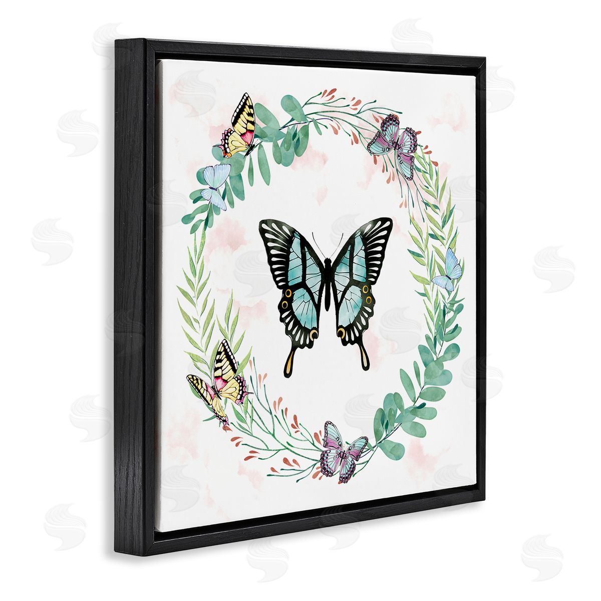 Ziwei Li Butterflies in Spring Botanical Wreathe Soft Green Black Floating Frame Canvas Wall Art Print