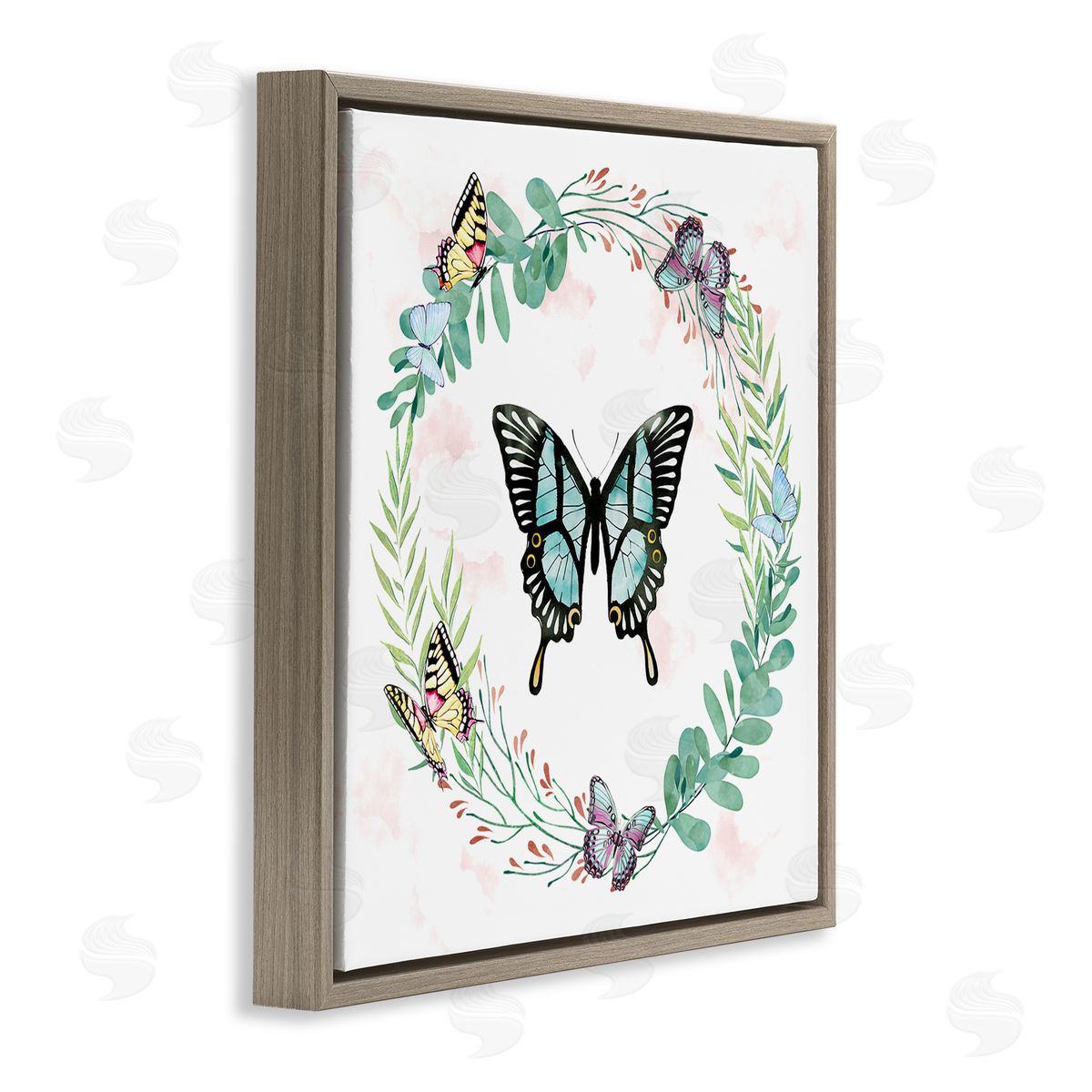 Ziwei Li Butterflies in Spring Botanical Wreathe Soft Green Brown Floating Frame Canvas Wall Art Print