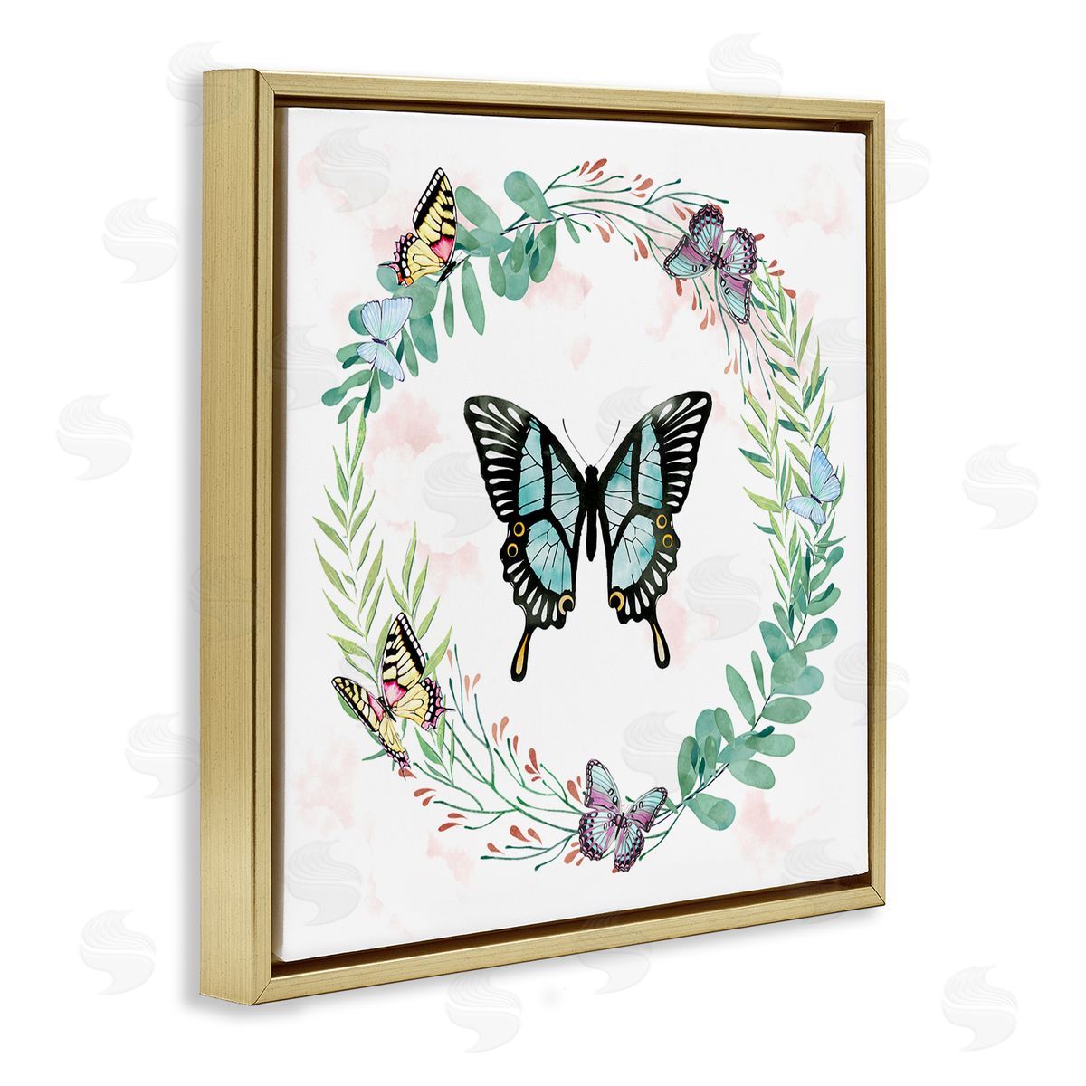 Ziwei Li Butterflies in Spring Botanical Wreathe Soft Green Gold Floating Frame Canvas Wall Art Print