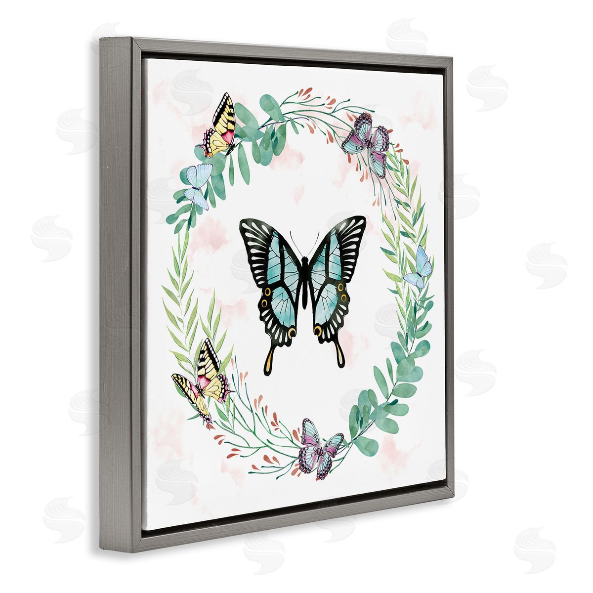 Ziwei Li Butterflies in Spring Botanical Wreathe Soft Green Gray Floating Frame Canvas Wall Art Print