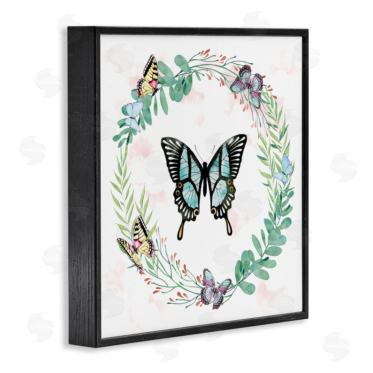 Ziwei Li Butterflies in Spring Botanical Wreathe Soft Green Black Framed Glicee Wall Art Print