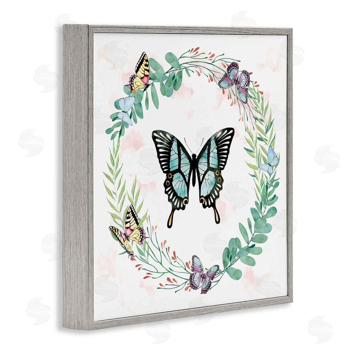 Ziwei Li Butterflies in Spring Botanical Wreathe Soft Green Gray Framed Glicee Wall Art Print