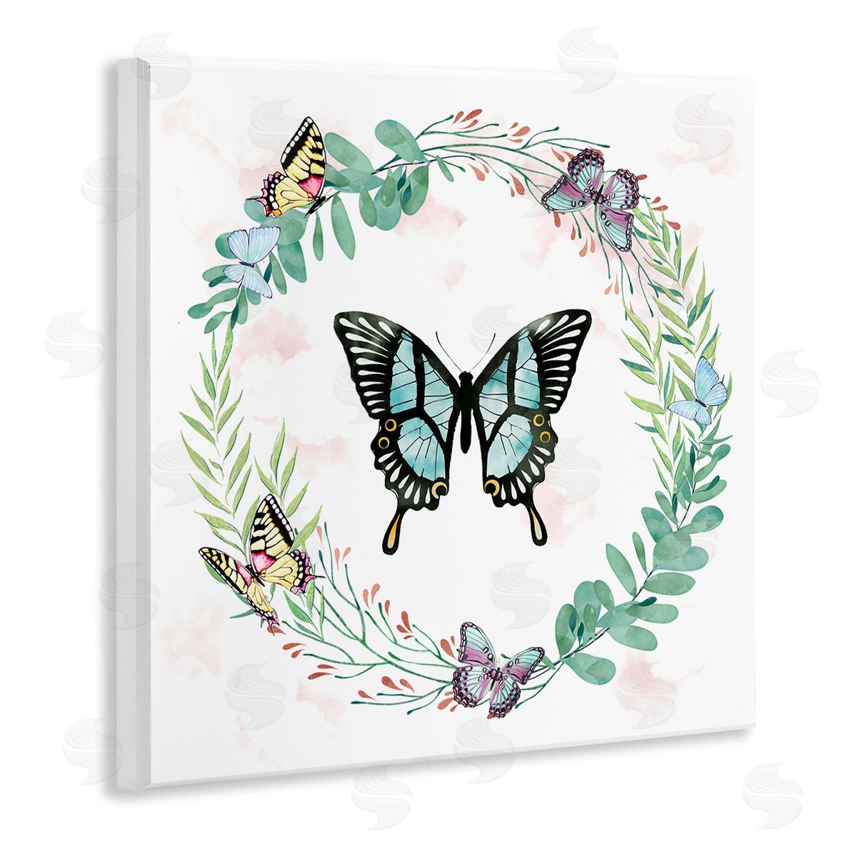 Ziwei Li Butterflies in Spring Botanical Wreathe Soft Green Wooden Wall Plaque Art Print