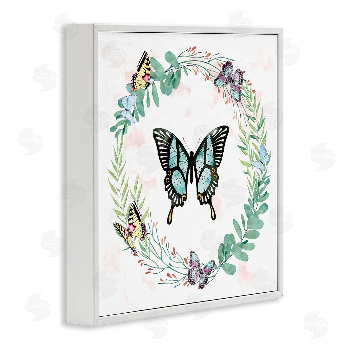 Ziwei Li Butterflies in Spring Botanical Wreathe Soft Green White Framed Glicee Wall Art Print