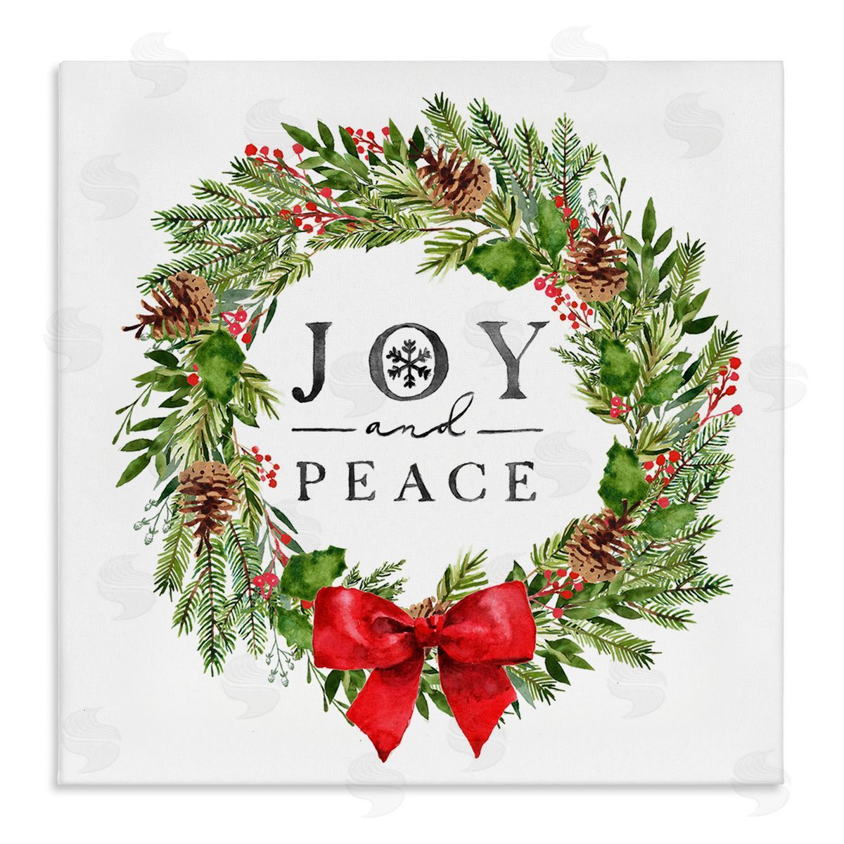 Nina Pierce Joy and Peace Holiday Phrase Winter Pine Wreath Stretched Canvas Wall Art Print