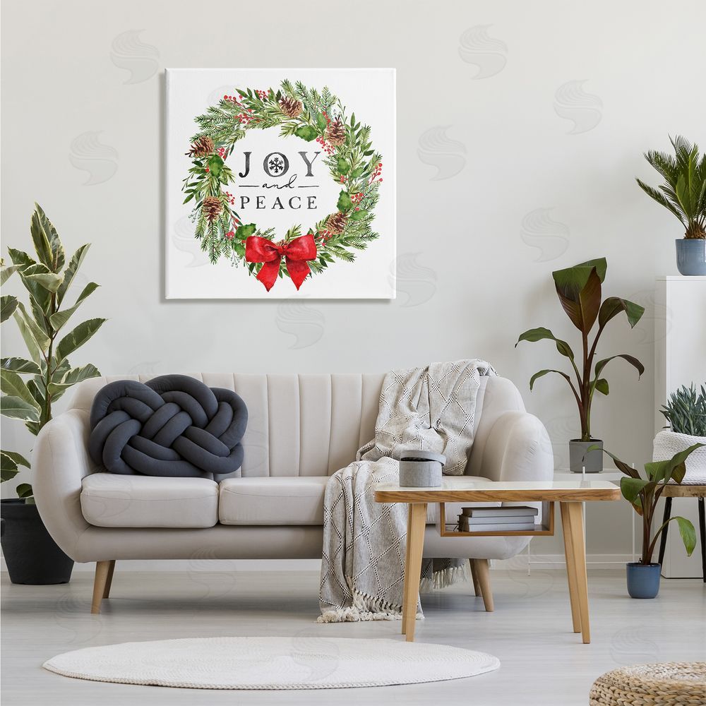 Nina Pierce Joy and Peace Holiday Phrase Winter Pine Wreath Canvas Wall Art in Room