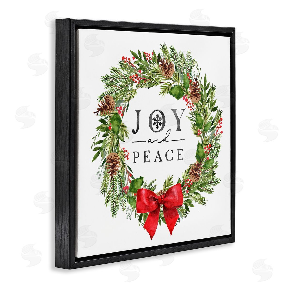 Nina Pierce Joy and Peace Holiday Phrase Winter Pine Wreath Black Floating Frame Canvas Wall Art Print