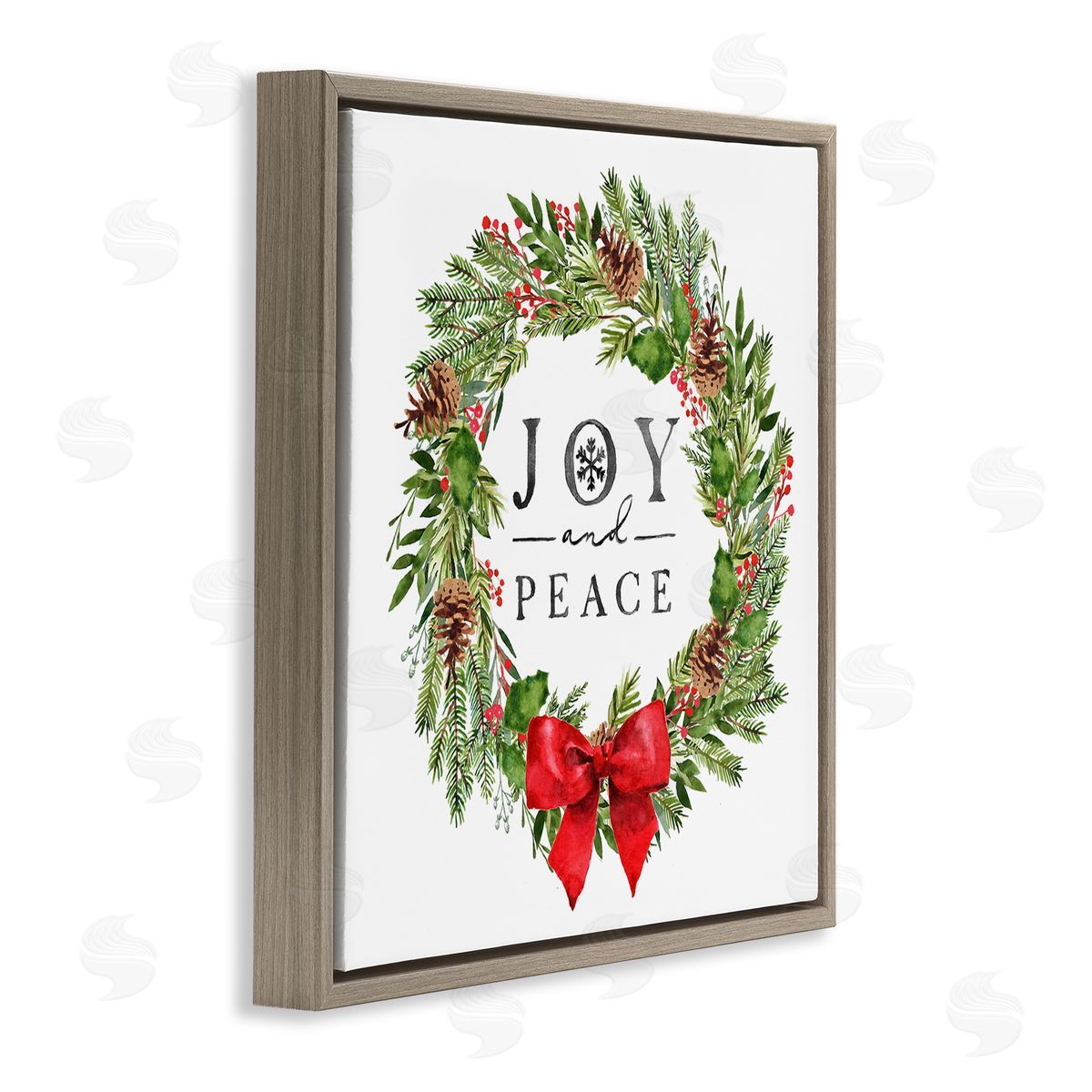 Nina Pierce Joy and Peace Holiday Phrase Winter Pine Wreath Brown Floating Frame Canvas Wall Art Print