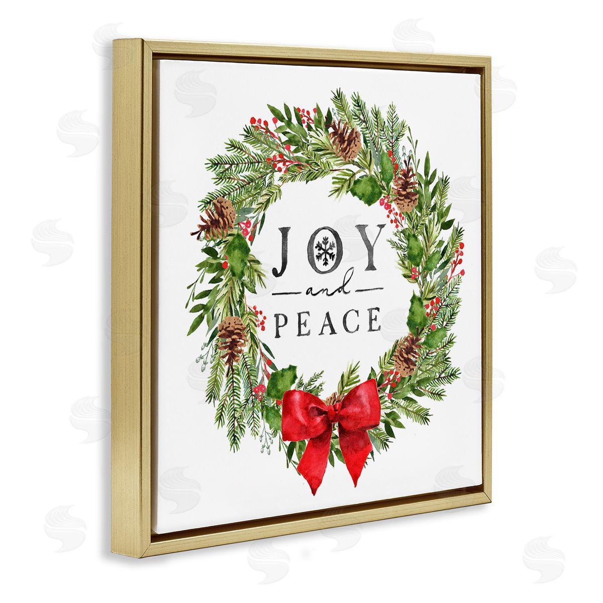 Nina Pierce Joy and Peace Holiday Phrase Winter Pine Wreath Gold Floating Frame Canvas Wall Art Print