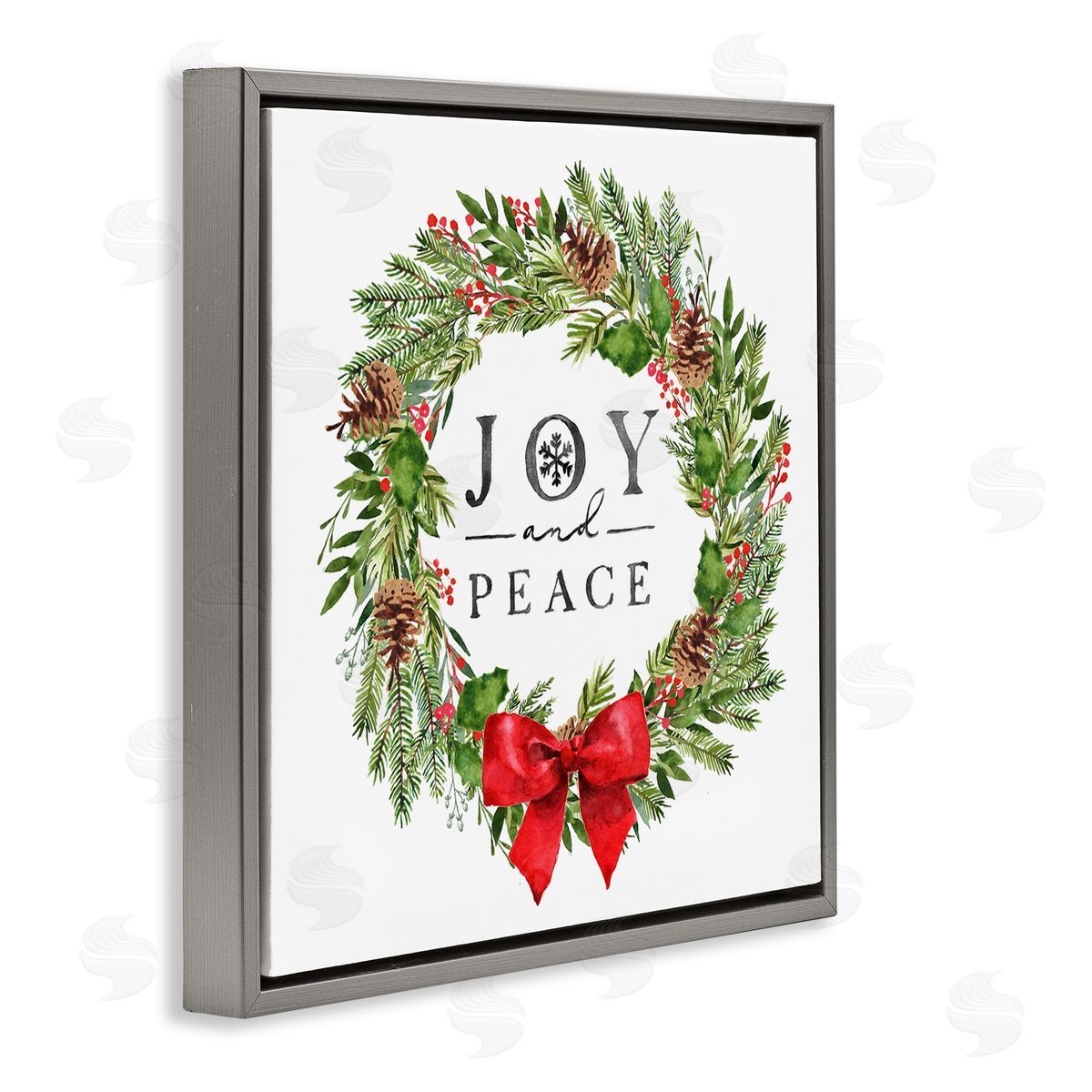Nina Pierce Joy and Peace Holiday Phrase Winter Pine Wreath Gray Floating Frame Canvas Wall Art Print
