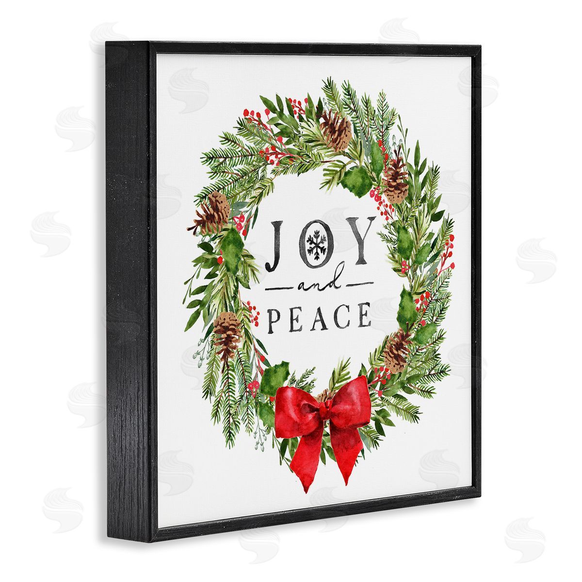 Nina Pierce Joy and Peace Holiday Phrase Winter Pine Wreath Black Framed Glicee Wall Art Print