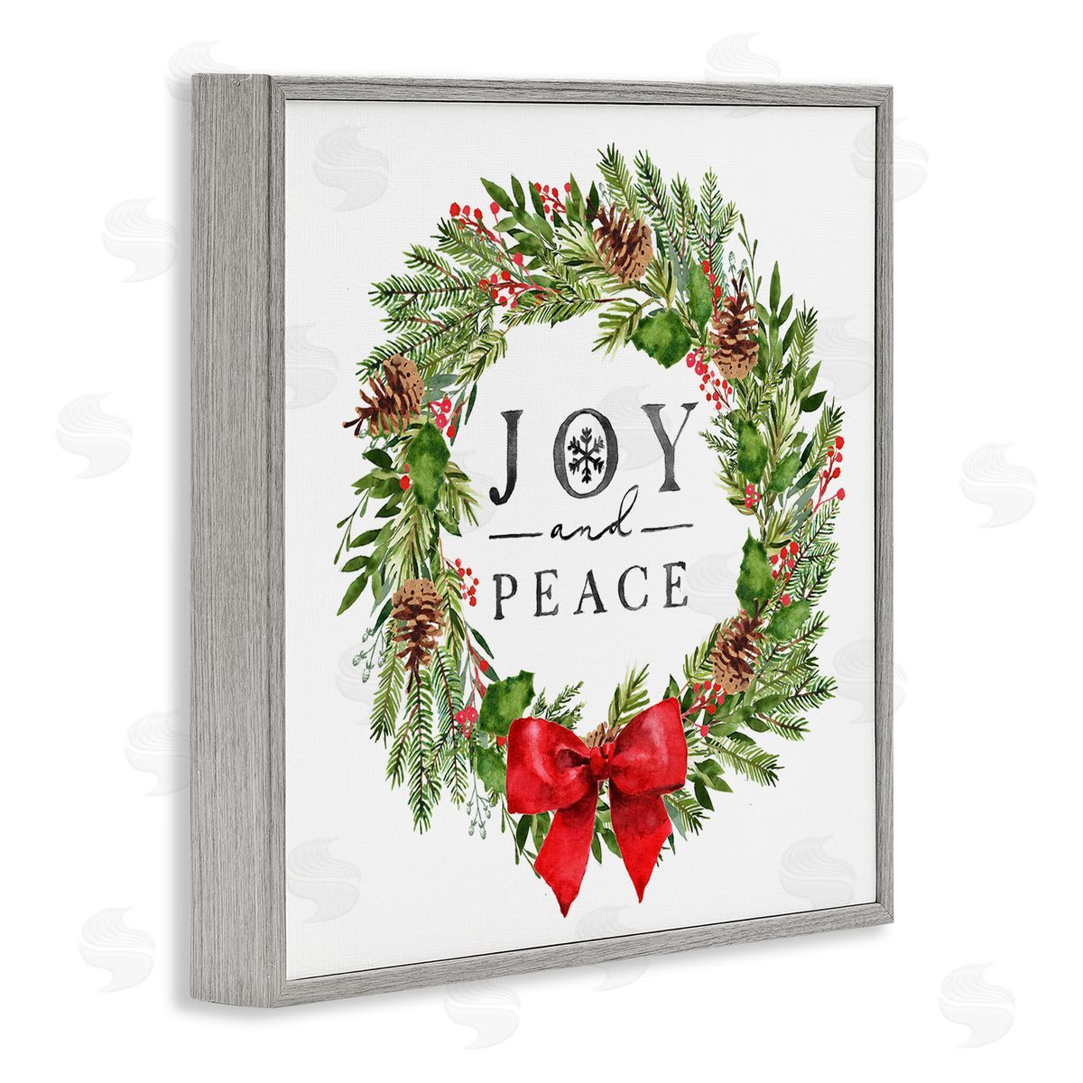 Nina Pierce Joy and Peace Holiday Phrase Winter Pine Wreath Gray Framed Glicee Wall Art Print