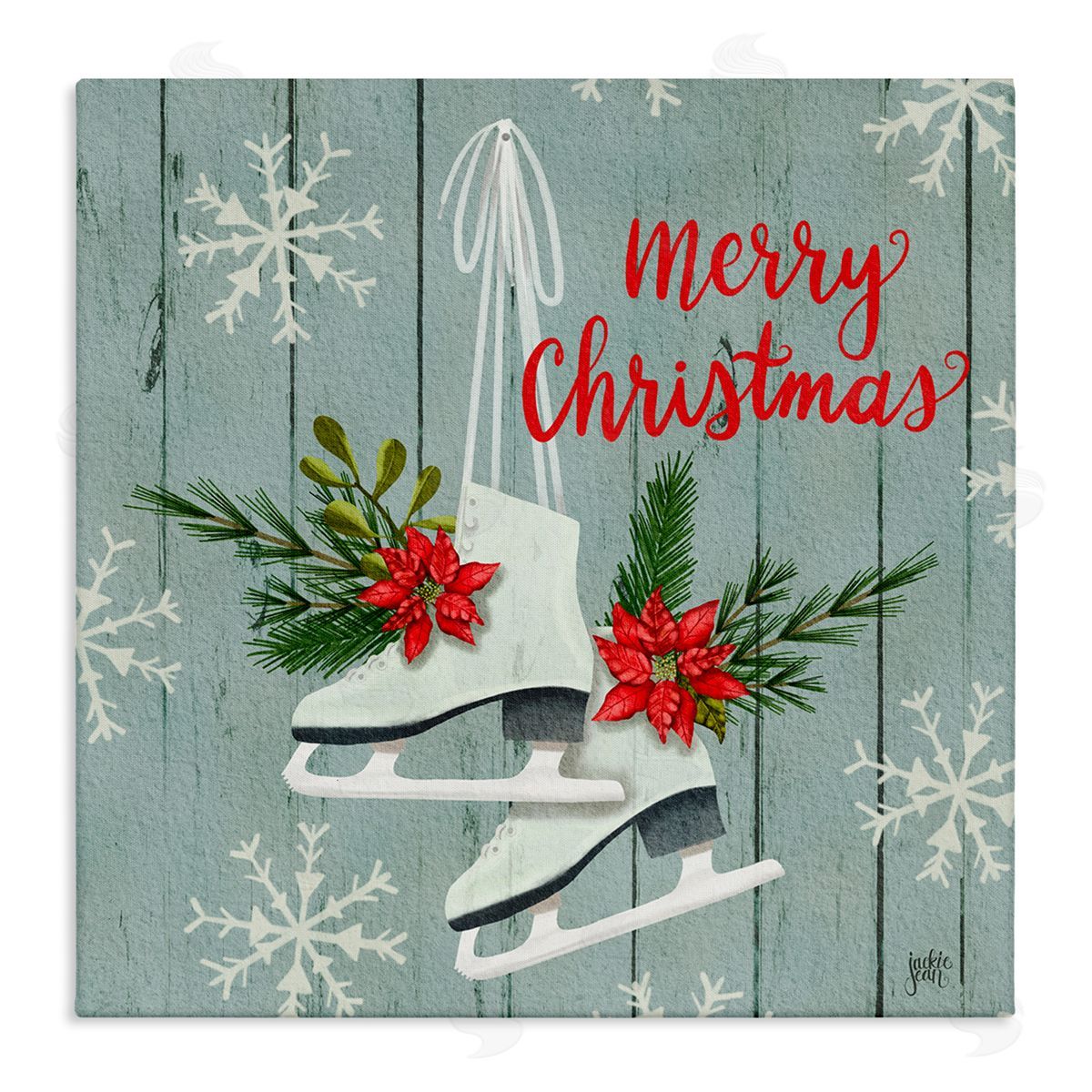 Jackie Quigley Red Poinsettia Ice Skating Shoes Merry Christmas Sentiment Stretched Canvas Wall Art Print