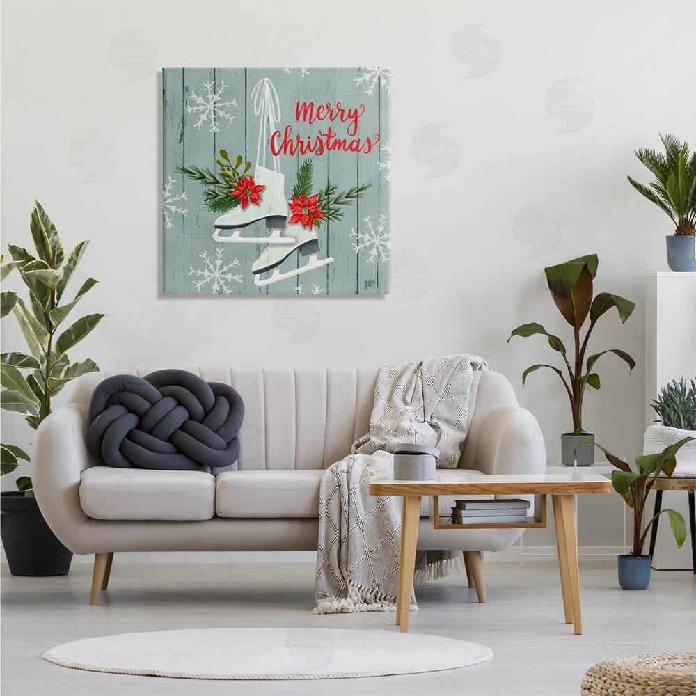Jackie Quigley Red Poinsettia Ice Skating Shoes Merry Christmas Sentiment Canvas Wall Art in Room