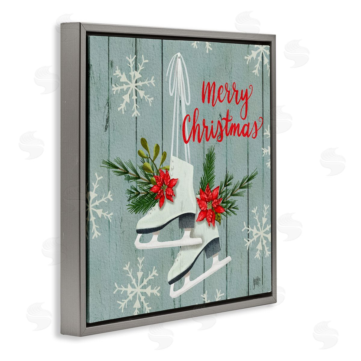 Jackie Quigley Red Poinsettia Ice Skating Shoes Merry Christmas Sentiment Gray Floating Frame Canvas Wall Art Print