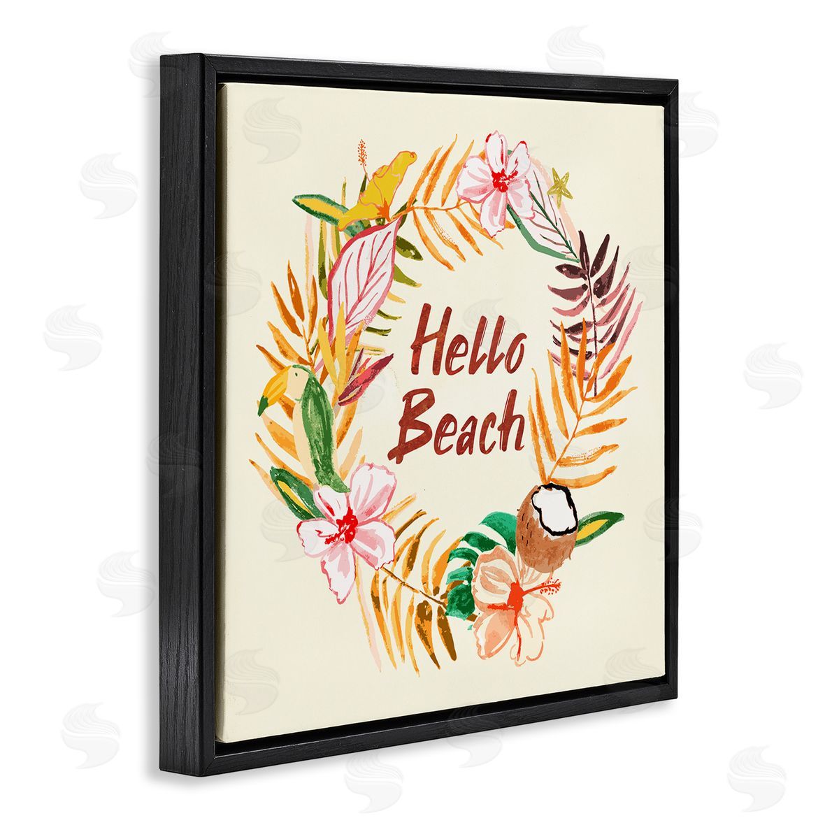 JunCo. Studio Hello Beach Greeting Warm Tropical Palm Wreath Black Floating Frame Canvas Wall Art Print