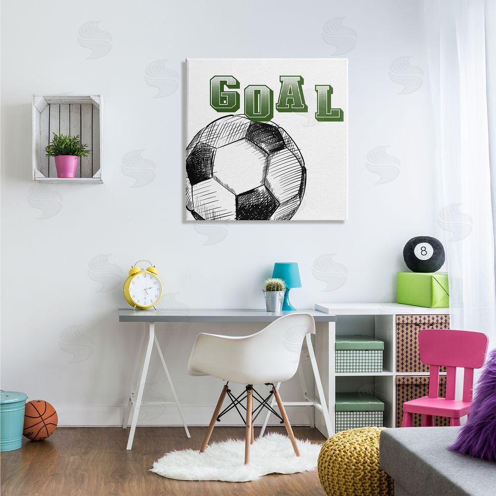 Kim Allen Goal Soccer Ball Sports Green Varsity Typography Canvas Wall Art in Room