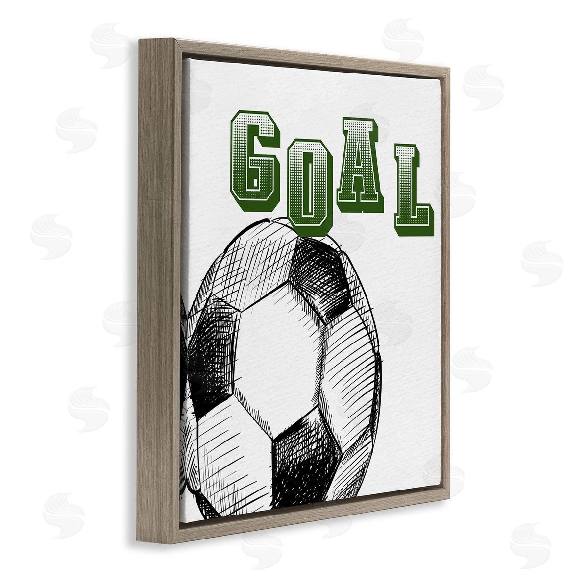 Kim Allen Goal Soccer Ball Sports Green Varsity Typography Brown Floating Frame Canvas Wall Art Print
