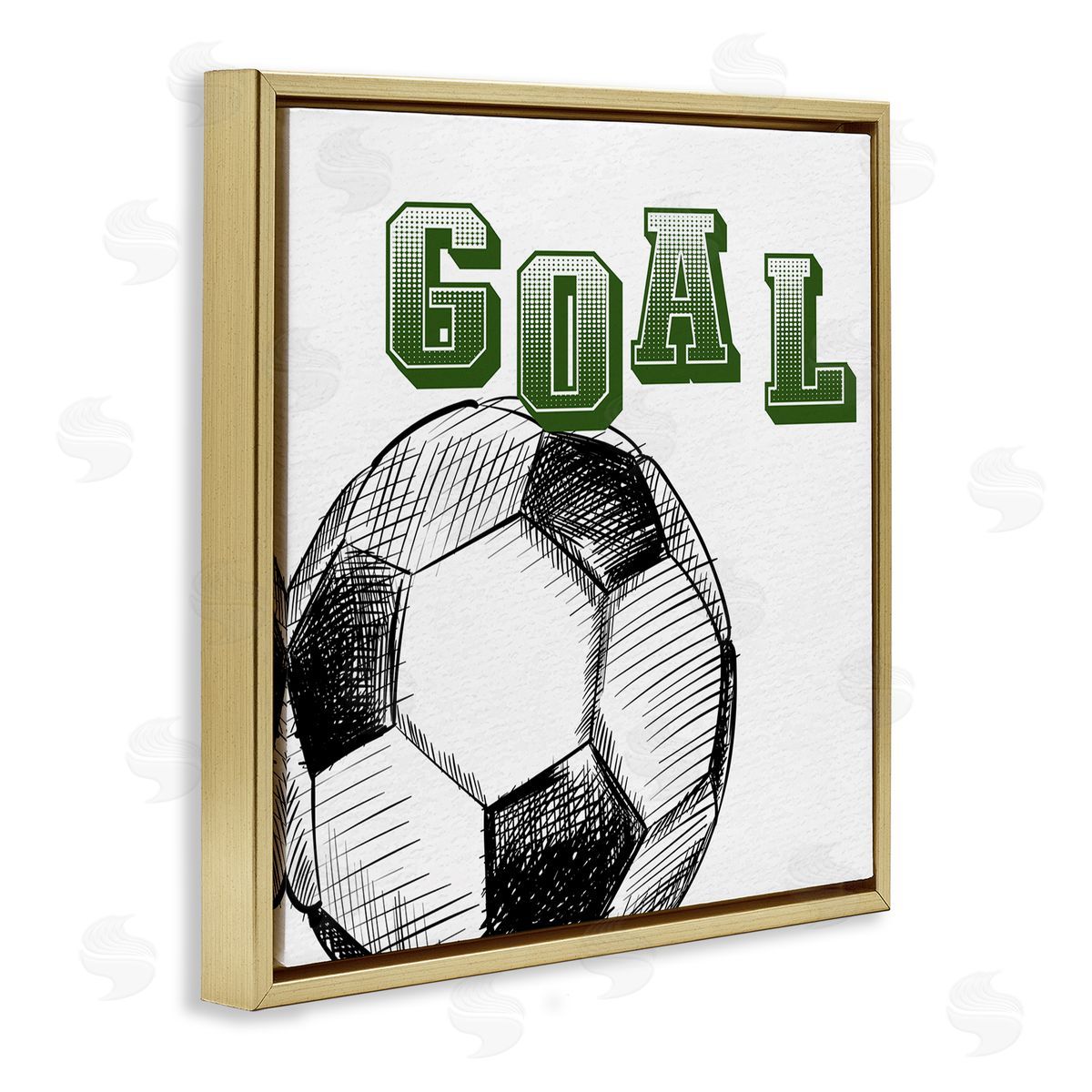Kim Allen Goal Soccer Ball Sports Green Varsity Typography Gold Floating Frame Canvas Wall Art Print