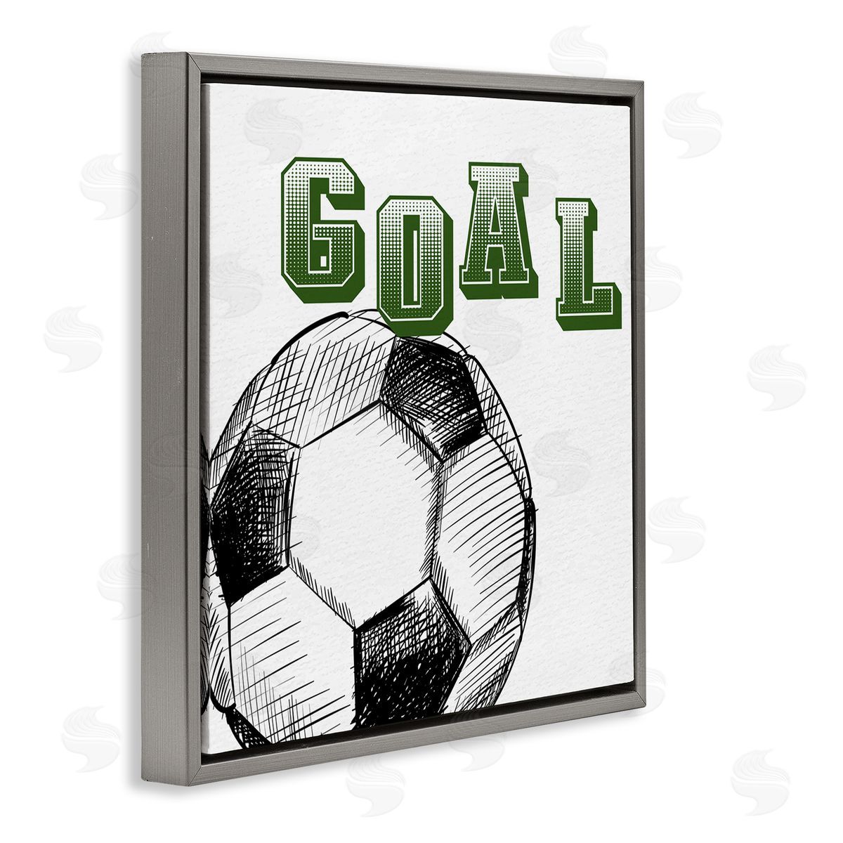 Kim Allen Goal Soccer Ball Sports Green Varsity Typography Gray Floating Frame Canvas Wall Art Print