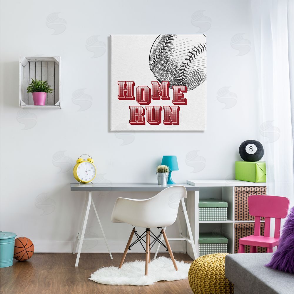 Kim Allen Home Run Baseball Sports Ball Red Varsity Typography Canvas Wall Art in Room