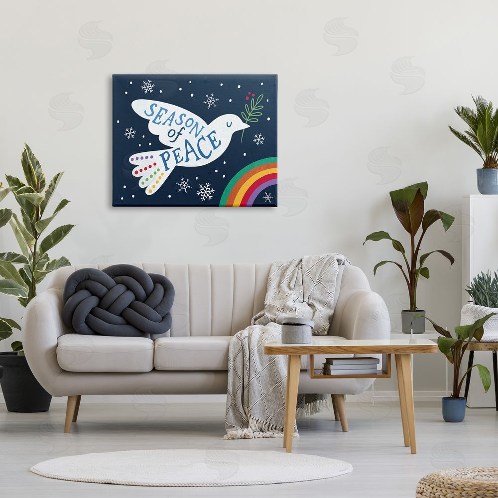 Nina Seven Season of Peace Phrase White Dove over Rainbow Canvas Wall Art Print in Room