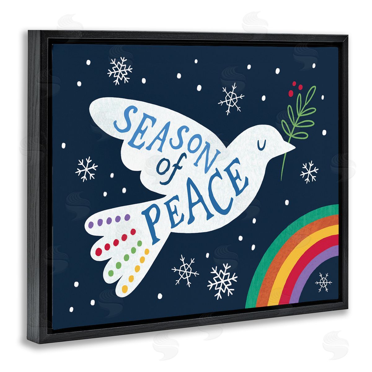 Nina Seven Season of Peace Phrase White Dove over Rainbow Black Floating Frame Canvas Wall Art Print
