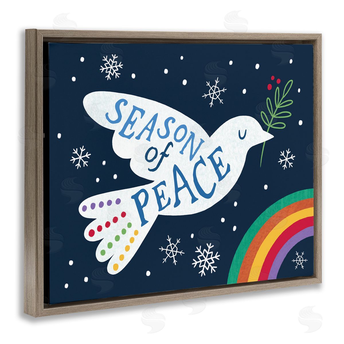 Nina Seven Season of Peace Phrase White Dove over Rainbow Brown Floating Frame Canvas Wall Art Print