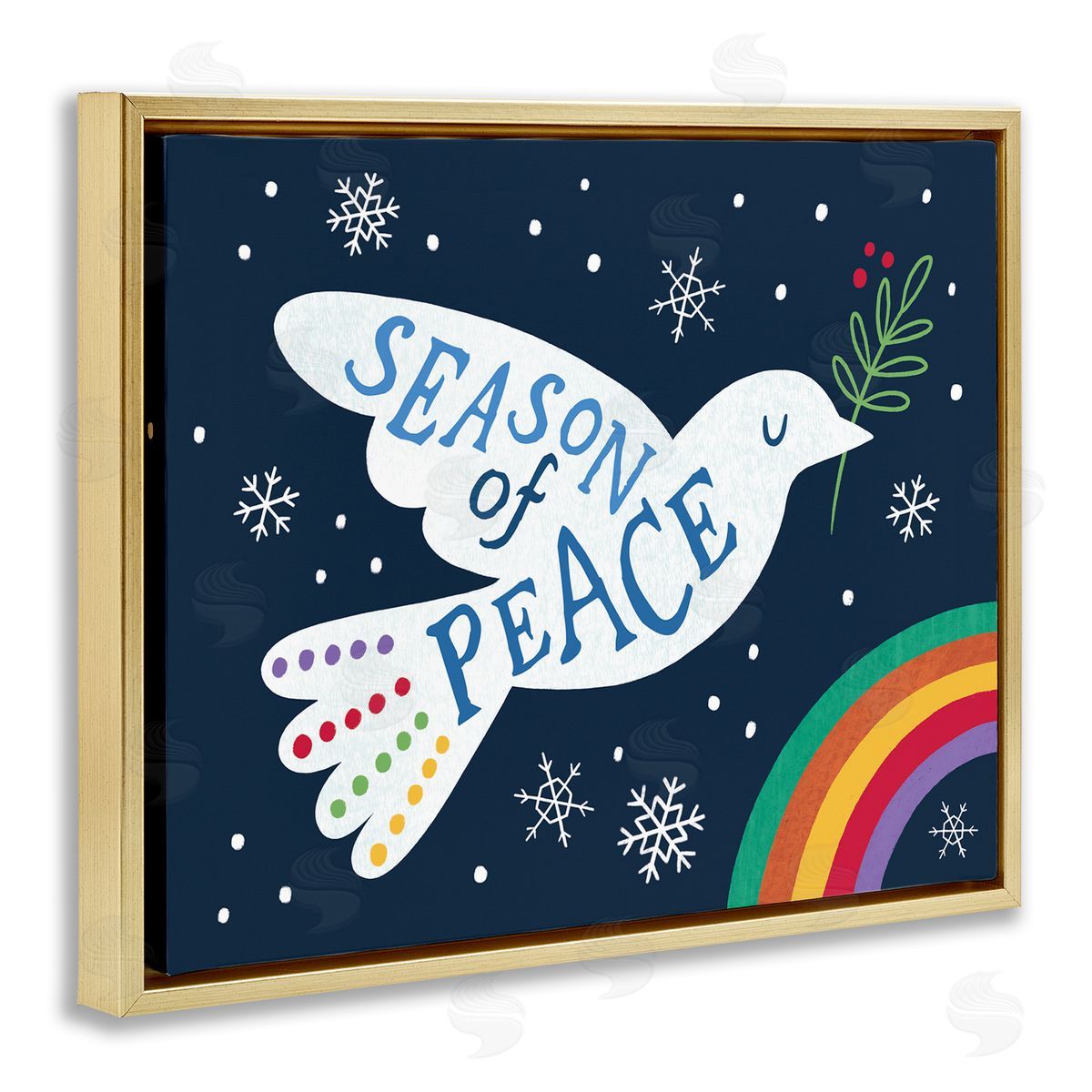 Nina Seven Season of Peace Phrase White Dove over Rainbow Gold Floating Frame Canvas Wall Art Print
