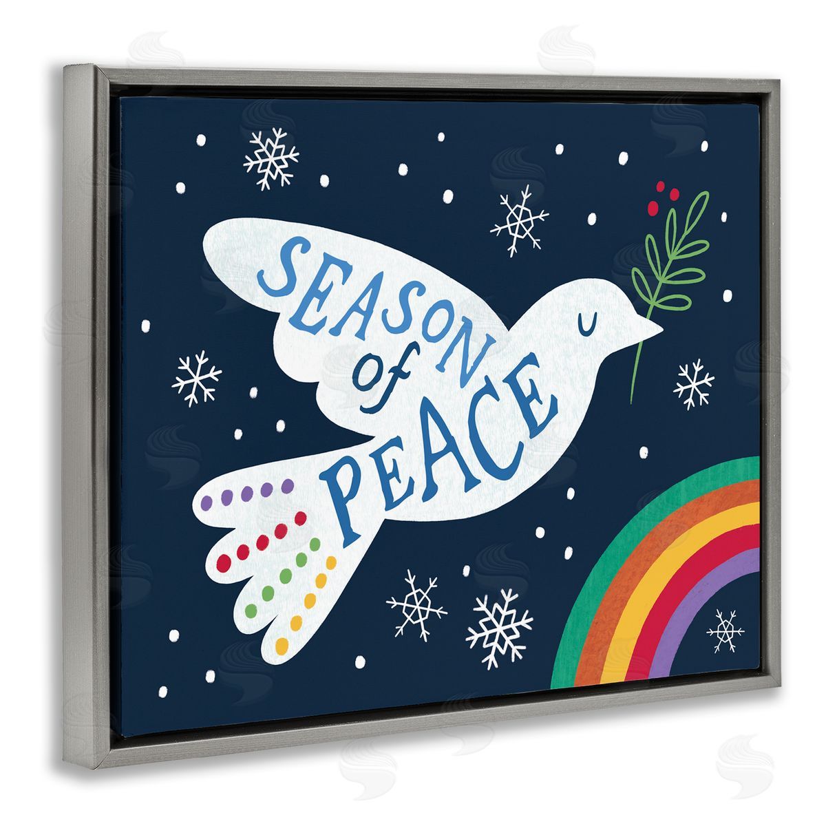 Nina Seven Season of Peace Phrase White Dove over Rainbow Gray Floating Frame Canvas Wall Art Print