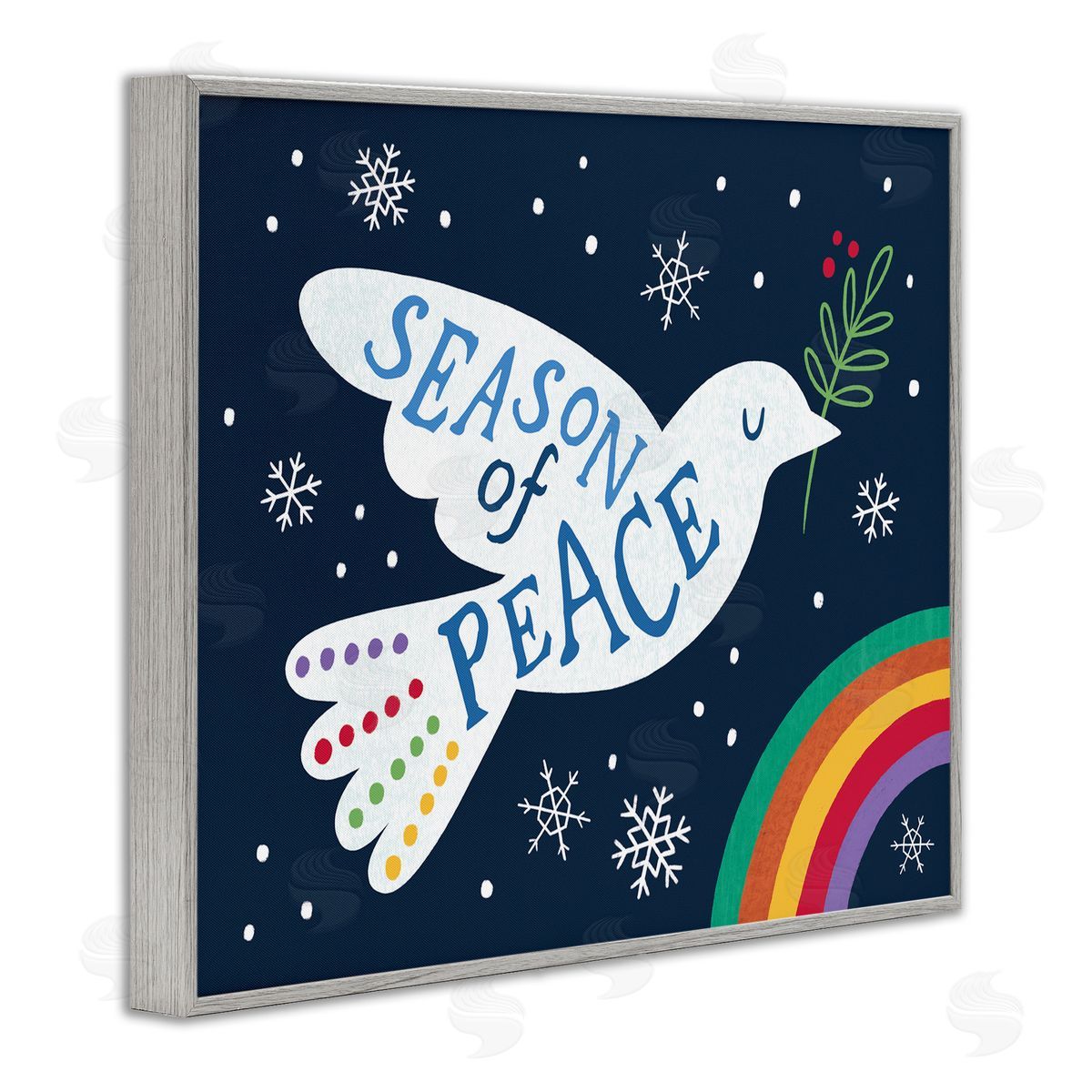 Nina Seven Season of Peace Phrase White Dove over Rainbow Gray Framed Giclee Wall Art Print