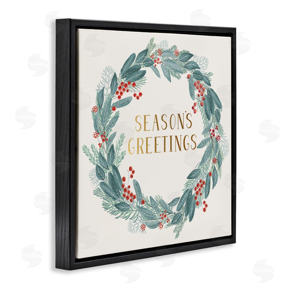 Nina Seven Winter Foliage Red Holly Wreath Season's Greetings Typography Black Floating Frame Canvas Wall Art Print
