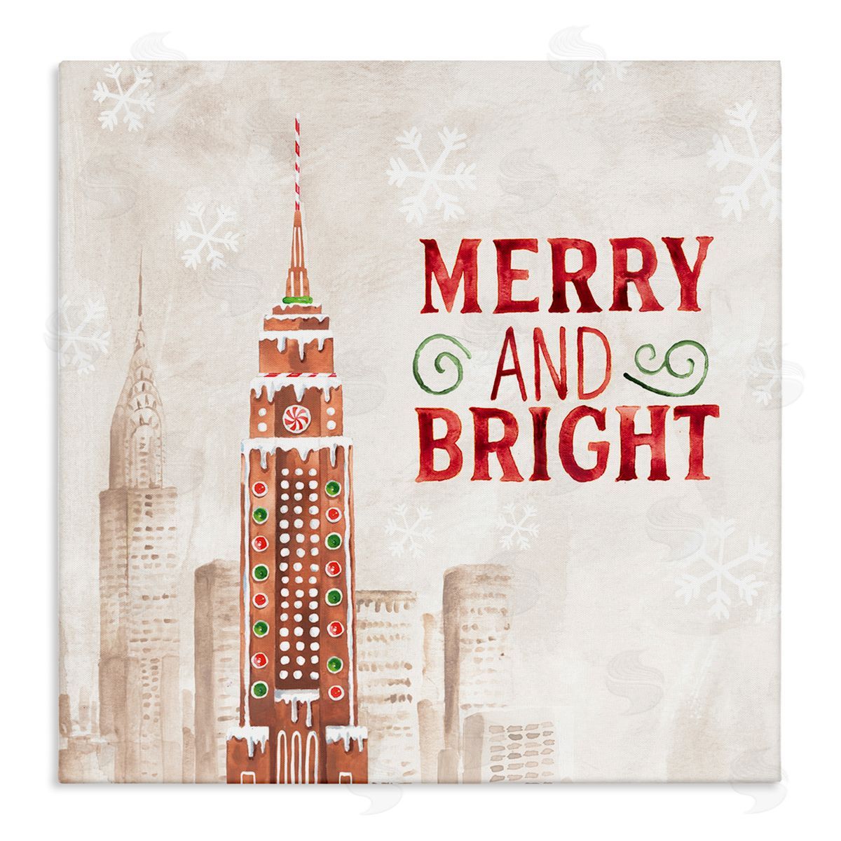 Nina Pierce Merry and Bright Christmas Phrase Gingerbread Architecture Cityscape Stretched Canvas Wall Art Print