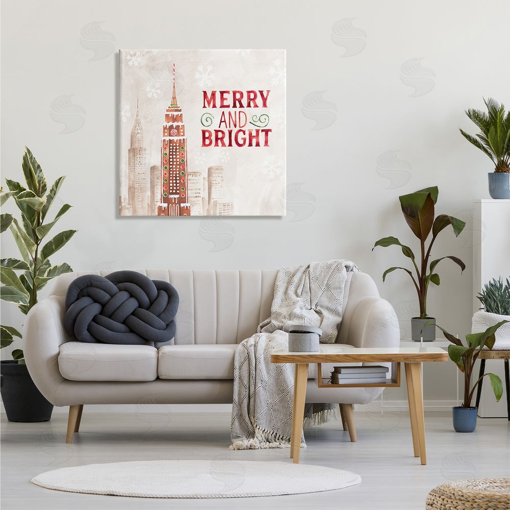 Nina Pierce Merry and Bright Christmas Phrase Gingerbread Architecture Cityscape Canvas Wall Art in Room