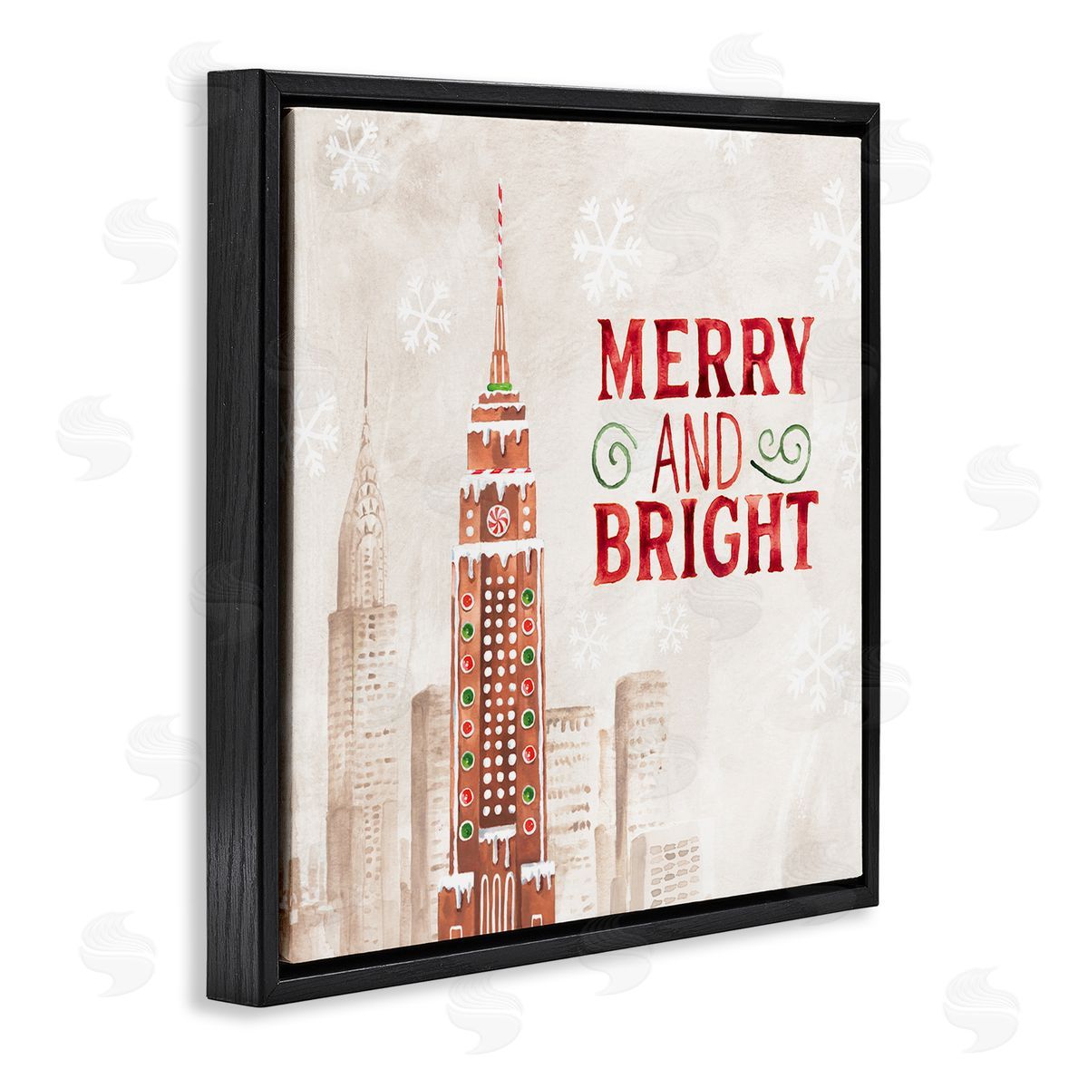 Nina Pierce Merry and Bright Christmas Phrase Gingerbread Architecture Cityscape Black Floating Frame Canvas Wall Art Print