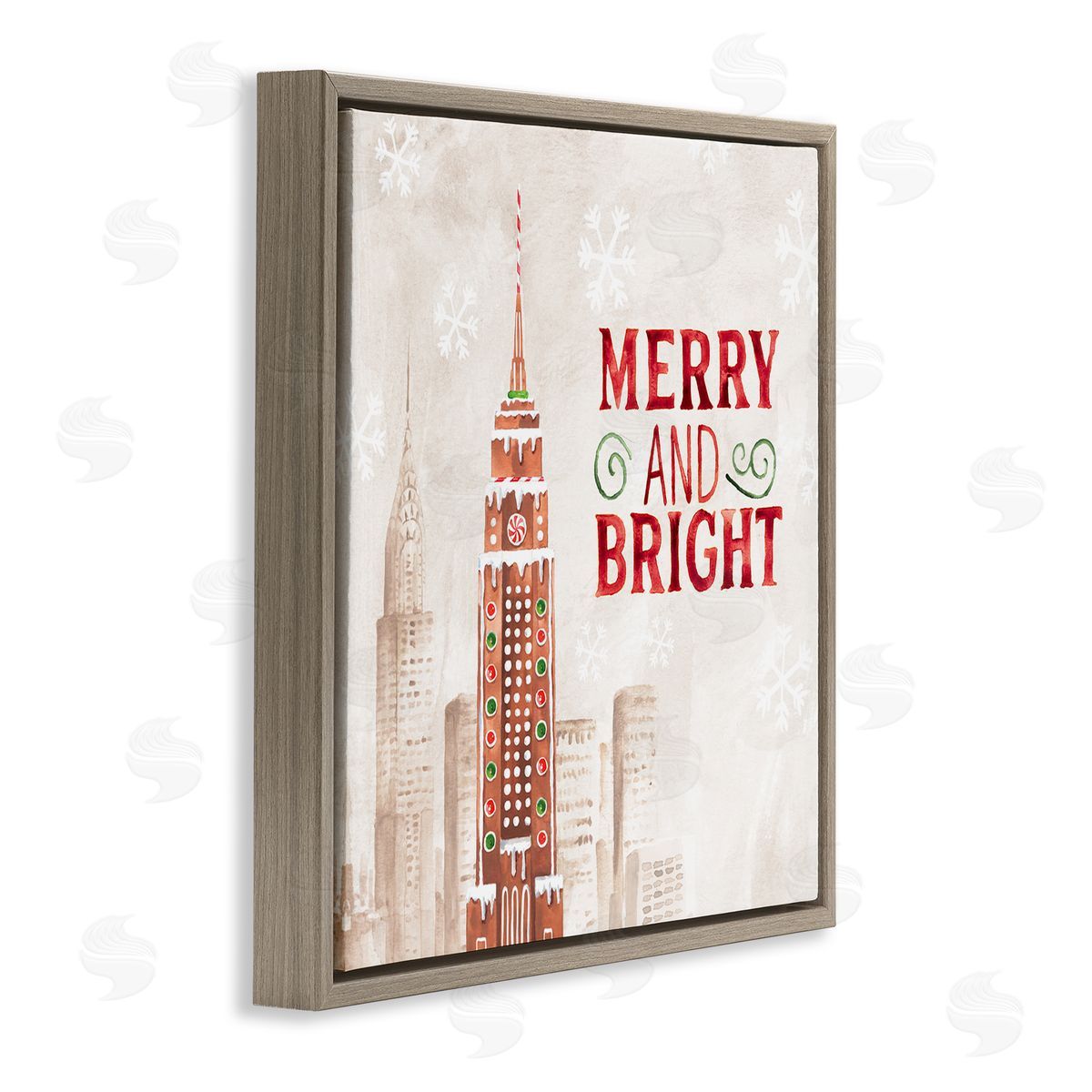 Nina Pierce Merry and Bright Christmas Phrase Gingerbread Architecture Cityscape Brown Floating Frame Canvas Wall Art Print