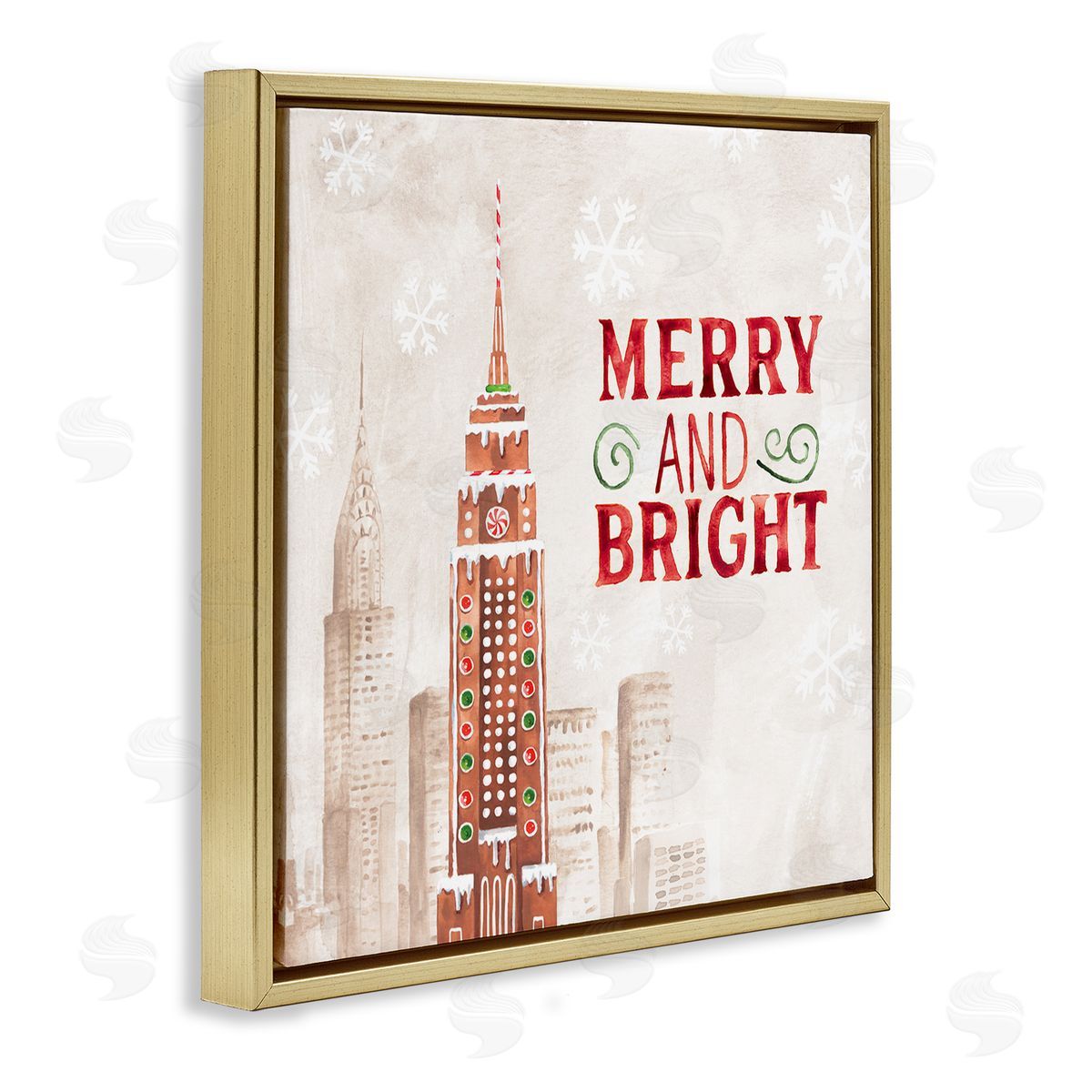 Nina Pierce Merry and Bright Christmas Phrase Gingerbread Architecture Cityscape Gold Floating Frame Canvas Wall Art Print