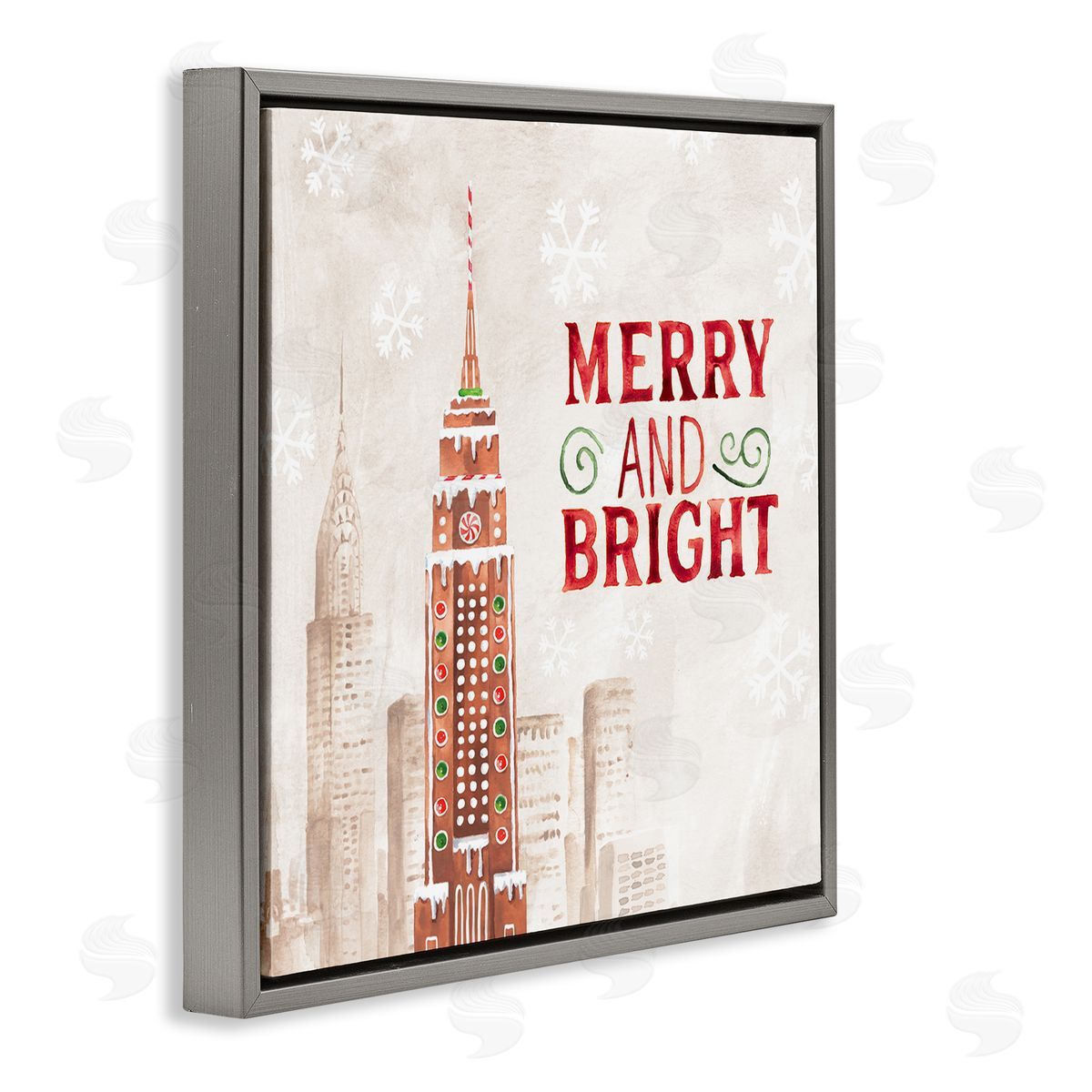 Nina Pierce Merry and Bright Christmas Phrase Gingerbread Architecture Cityscape Gray Floating Frame Canvas Wall Art Print