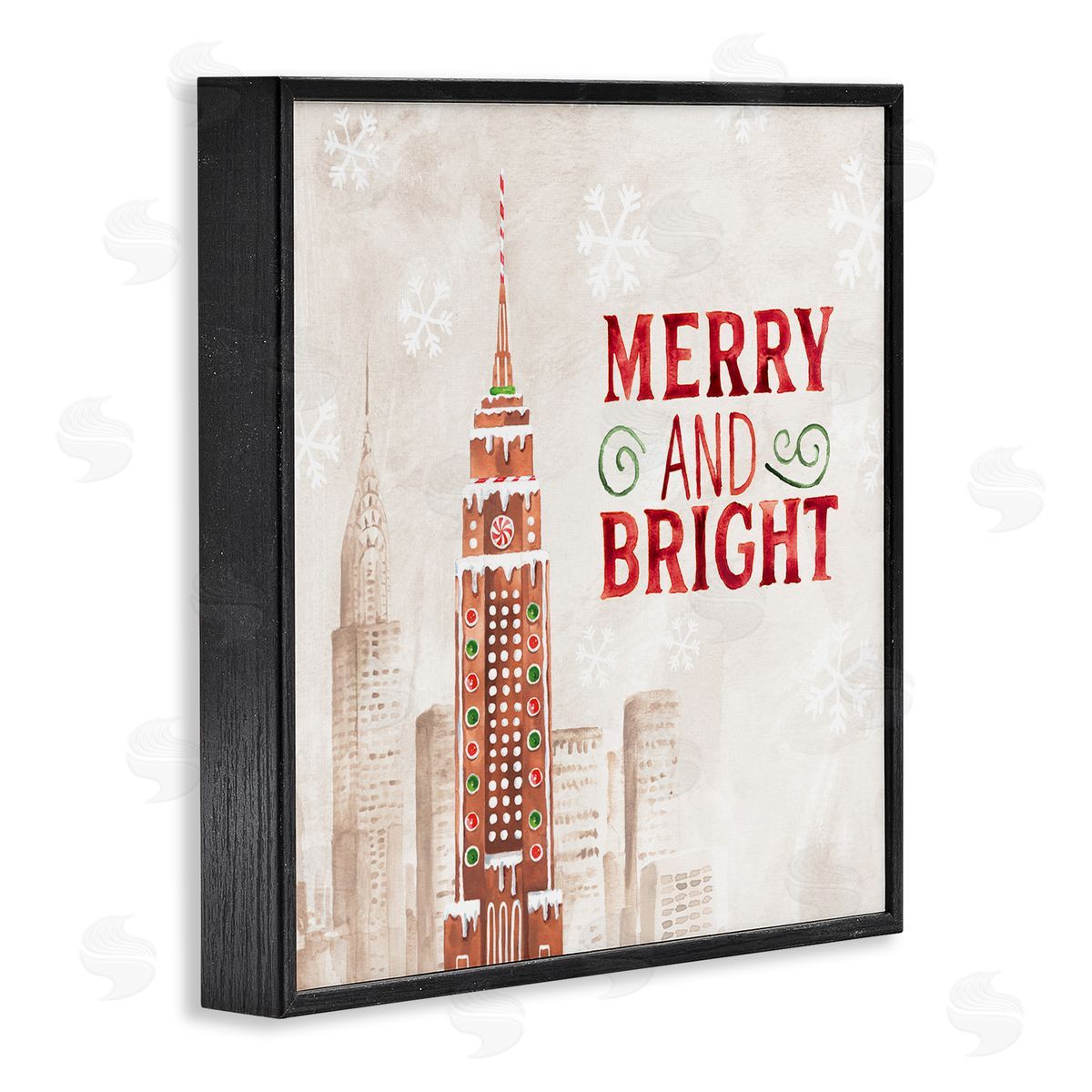 Nina Pierce Merry and Bright Christmas Phrase Gingerbread Architecture Cityscape Black Framed Glicee Wall Art Print
