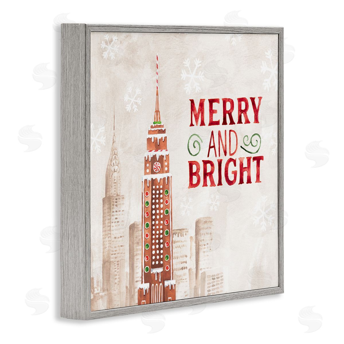 Nina Pierce Merry and Bright Christmas Phrase Gingerbread Architecture Cityscape Gray Framed Glicee Wall Art Print