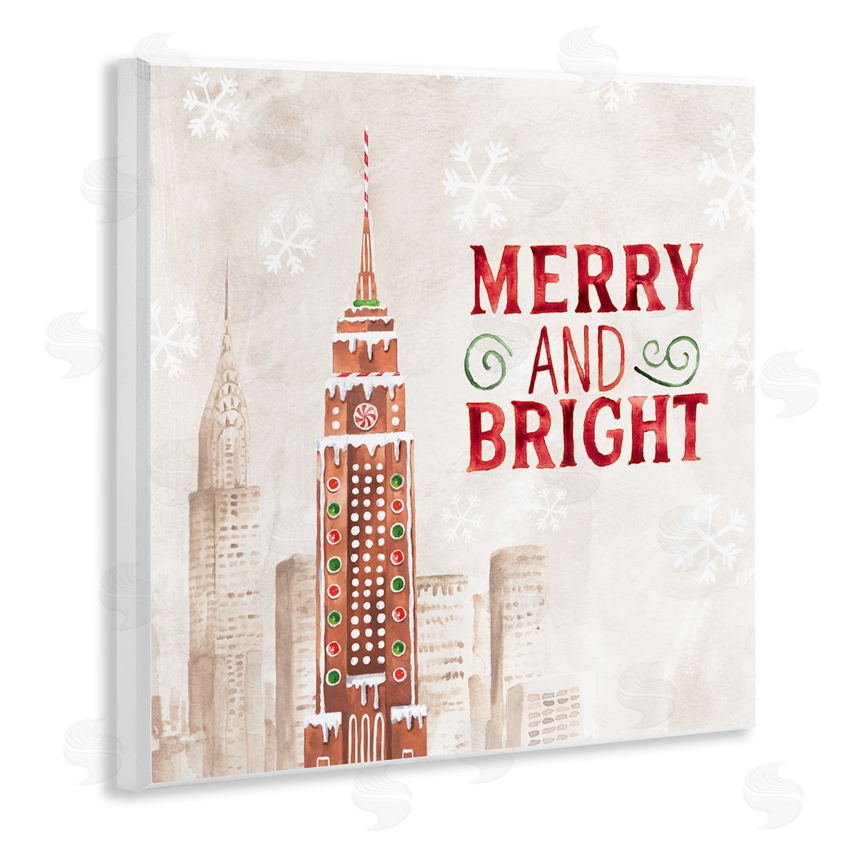 Nina Pierce Merry and Bright Christmas Phrase Gingerbread Architecture Cityscape Wooden Wall Plaque Art Print