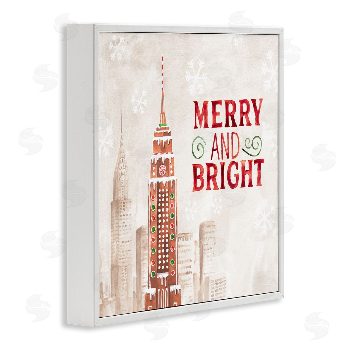 Nina Pierce Merry and Bright Christmas Phrase Gingerbread Architecture Cityscape White Framed Glicee Wall Art Print
