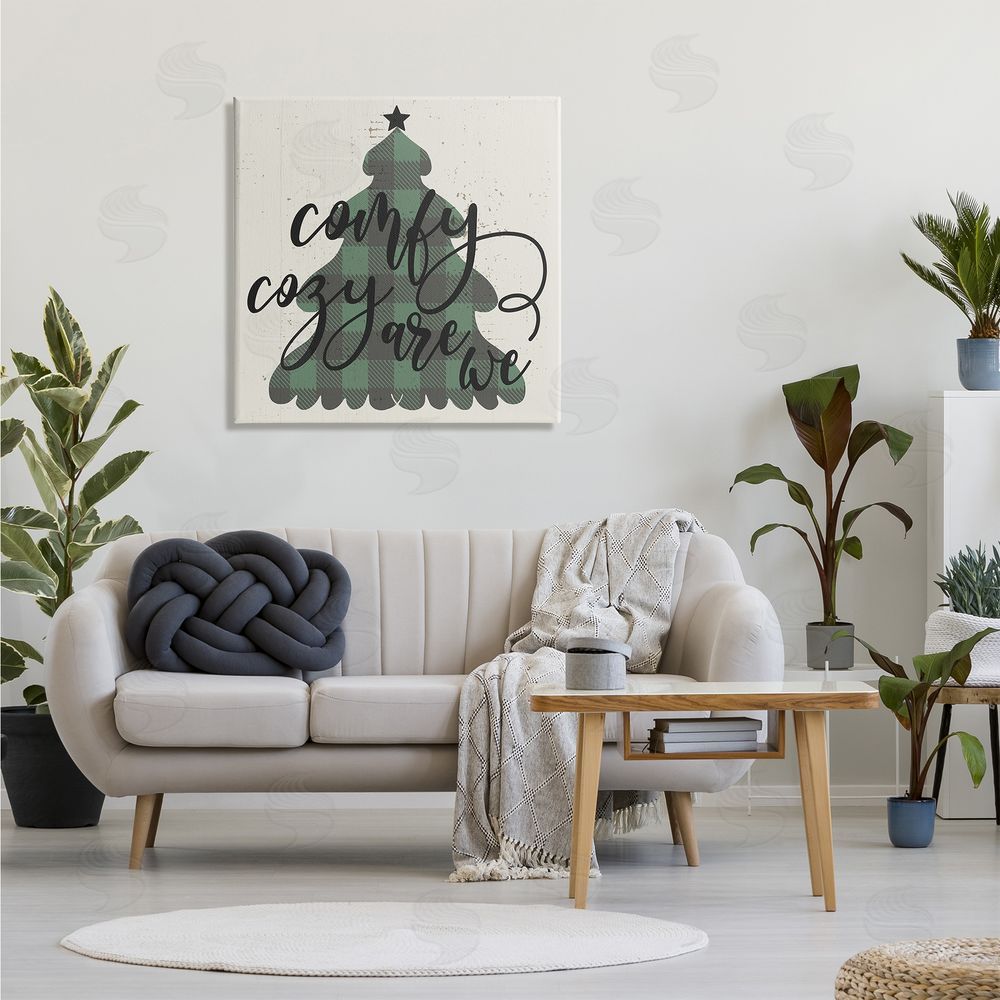 Stupell Studio Comfy Cozy Are We Quote Plaid Christmas Tree Canvas Wall Art in Room